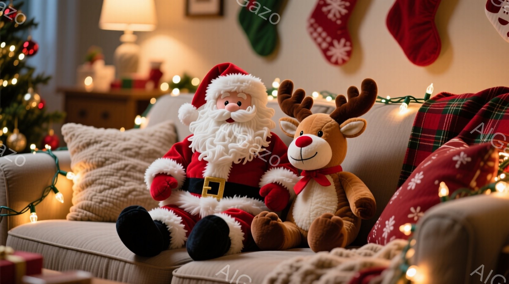 ソファの上には、サンタクロースとトナカイの大きなぬいぐるみがあります。サンタクロースは赤い衣装を着て、白いひげを生やし、優しく微笑んでいます。背景には、クリスマスストッキングやキラキラ光るライトがあり - AI生成フリー素材