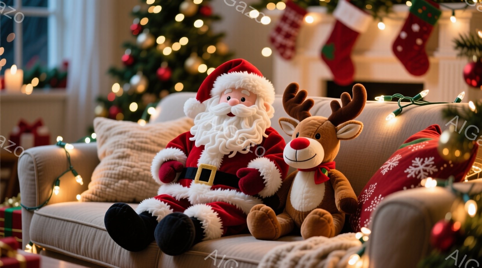 暖炉のあるリビングに、サンタクロースがぬいぐるみと共に座っている様子が描かれています。サンタクロースは赤いスーツと白いひげ、そして赤い帽子をかぶり、穏やかな表情を浮かべています。背景にはクリスマスツリ - AI生成フリー素材