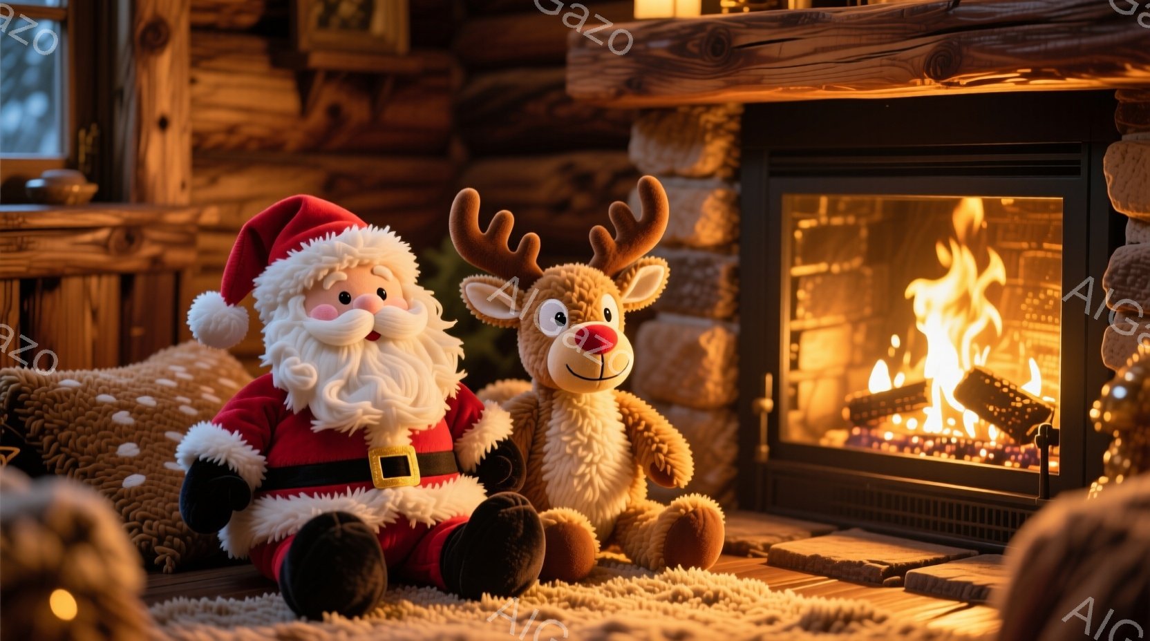 暖炉の前には、赤い衣装を着たサンタクロースと茶色のトナカイのぬいぐるみがあります。サンタクロースは黒いブーツを履き、優しげな笑顔を浮かべています。背景には石造りの暖炉があり、炎が燃え盛っており、部屋全体を暖かく照らしています。