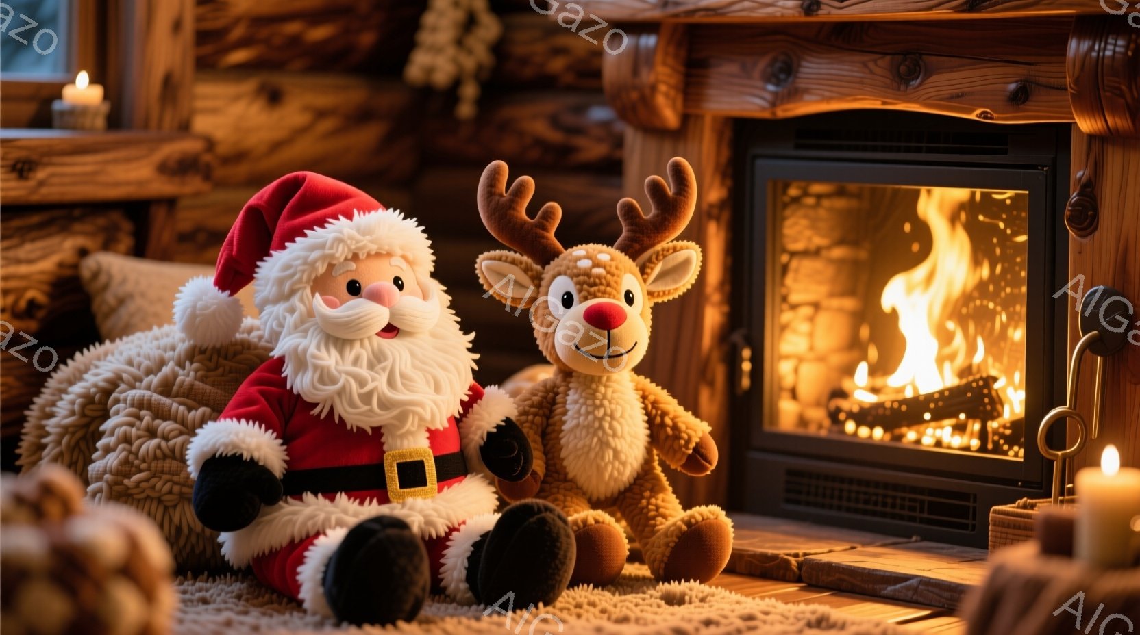 ふわふわのサンタクロースとトナカイのぬいぐるみは、暖炉の前に座ってリラックスしています。サンタクロースは赤い服を着て、白いひげと笑顔が印象的です。背景には暖炉の炎が燃え盛っており、温かく居心地の良い雰 - AI生成フリー素材