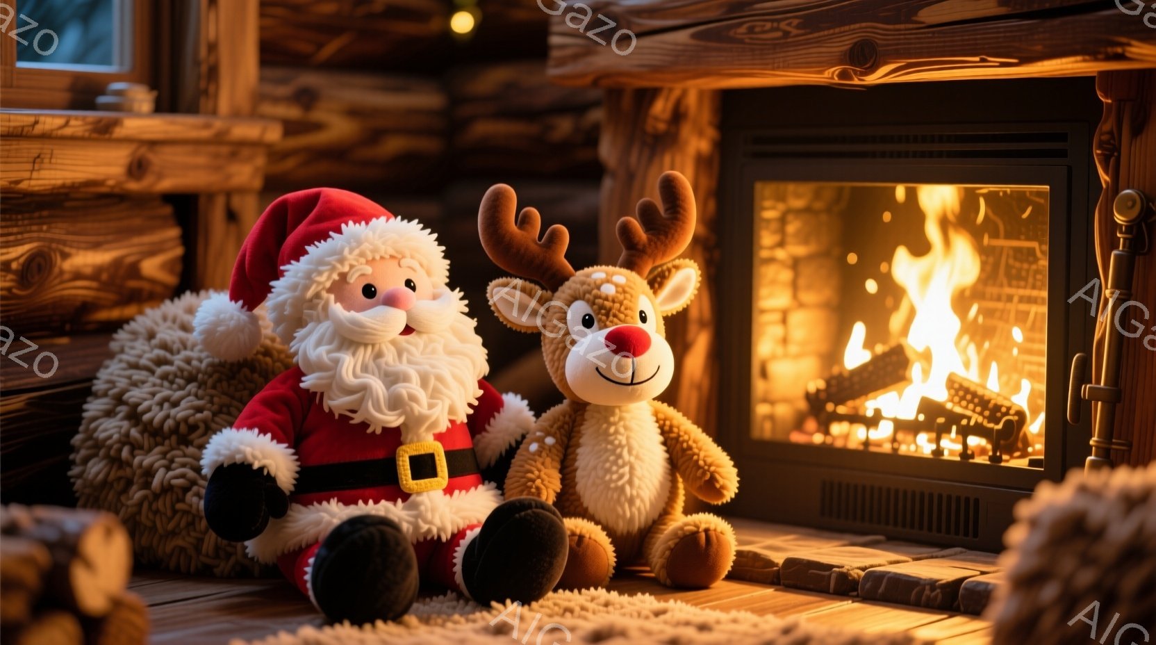 ふわふわのサンタクロースとトナカイのぬいぐるみは、暖炉のそばの木の床に座っています。サンタクロースは赤い衣装と白い髭、優しい笑顔を浮かべており、トナカイは茶色の毛並みと愛らしい表情をしています。暖炉の中では炎が燃え盛り、背景には木の壁と薪が積み重ねられ、温かく居心地の良い雰囲気を醸し出しています。