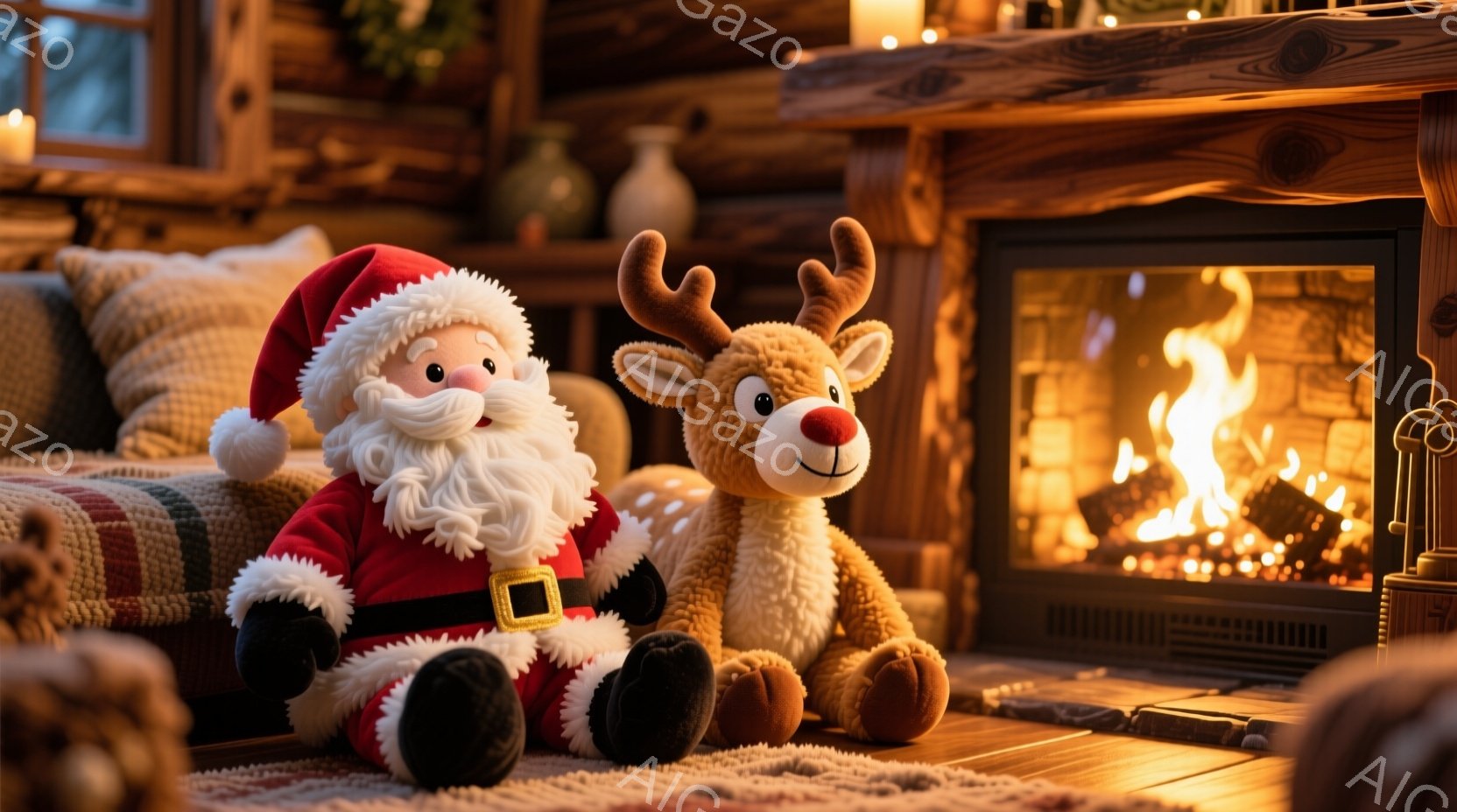 暖炉の前には、赤い衣装を着たサンタクロースのぬいぐるみと、茶色のトナカイのぬいぐるみが座っています。サンタクロースは白いひげと笑顔を見せ、トナカイは優しい表情をしています。背景には木製の壁と家具があり、暖かく居心地の良いクリスマスの雰囲気が漂っています。
