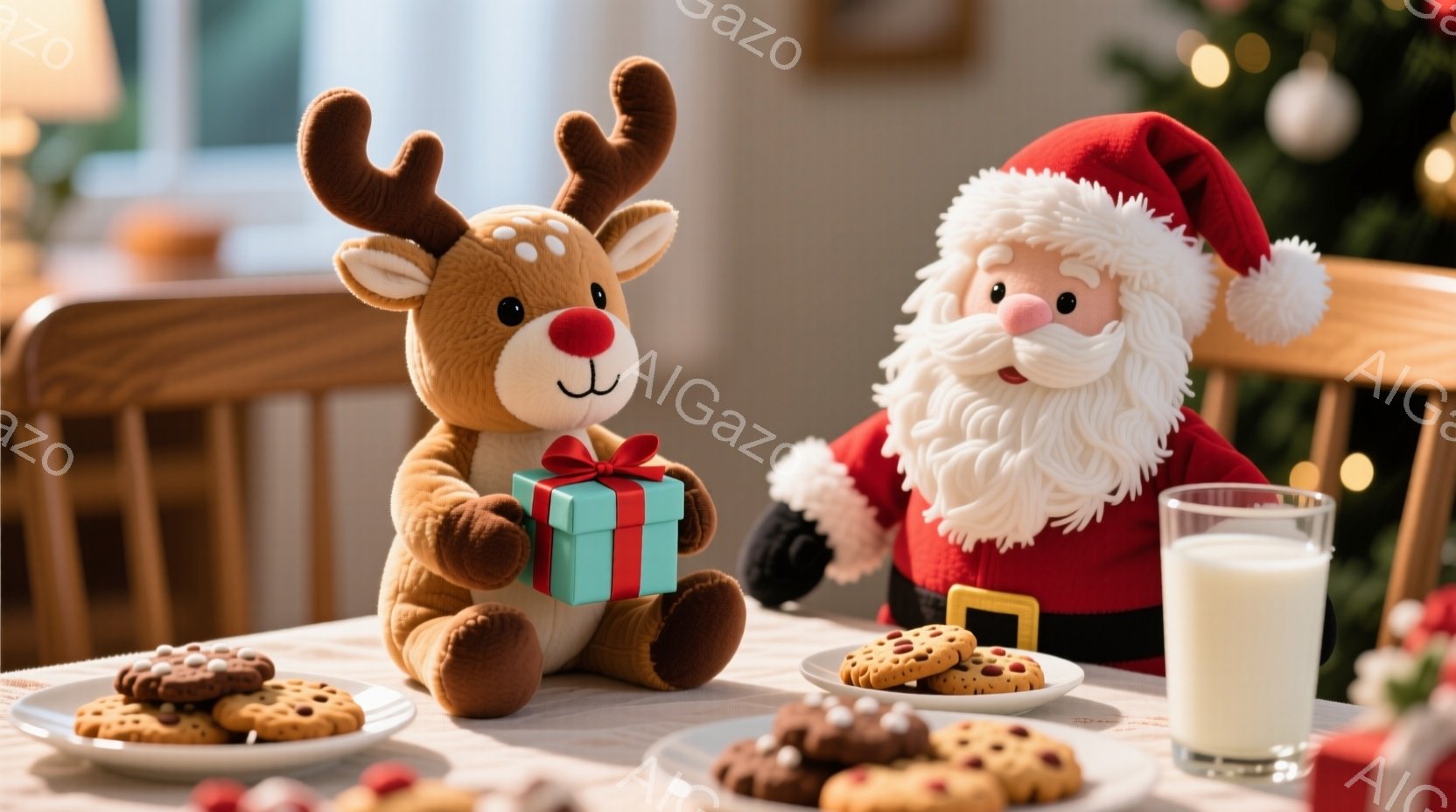 茶色いトナカイのぬいぐるみとサンタクロースのぬいぐるみがダイニングテーブルを囲んでいます。トナカイは緑色のリボンで結ばれたプレゼントを抱え、サンタクロースは明るい笑顔を浮かべています。テーブルの上にはクッキーが盛られた皿と、グラスに入った牛乳が置かれ、背景にはぼやけたクリスマスツリーが見え、温かくお祝いの雰囲気が漂っています。