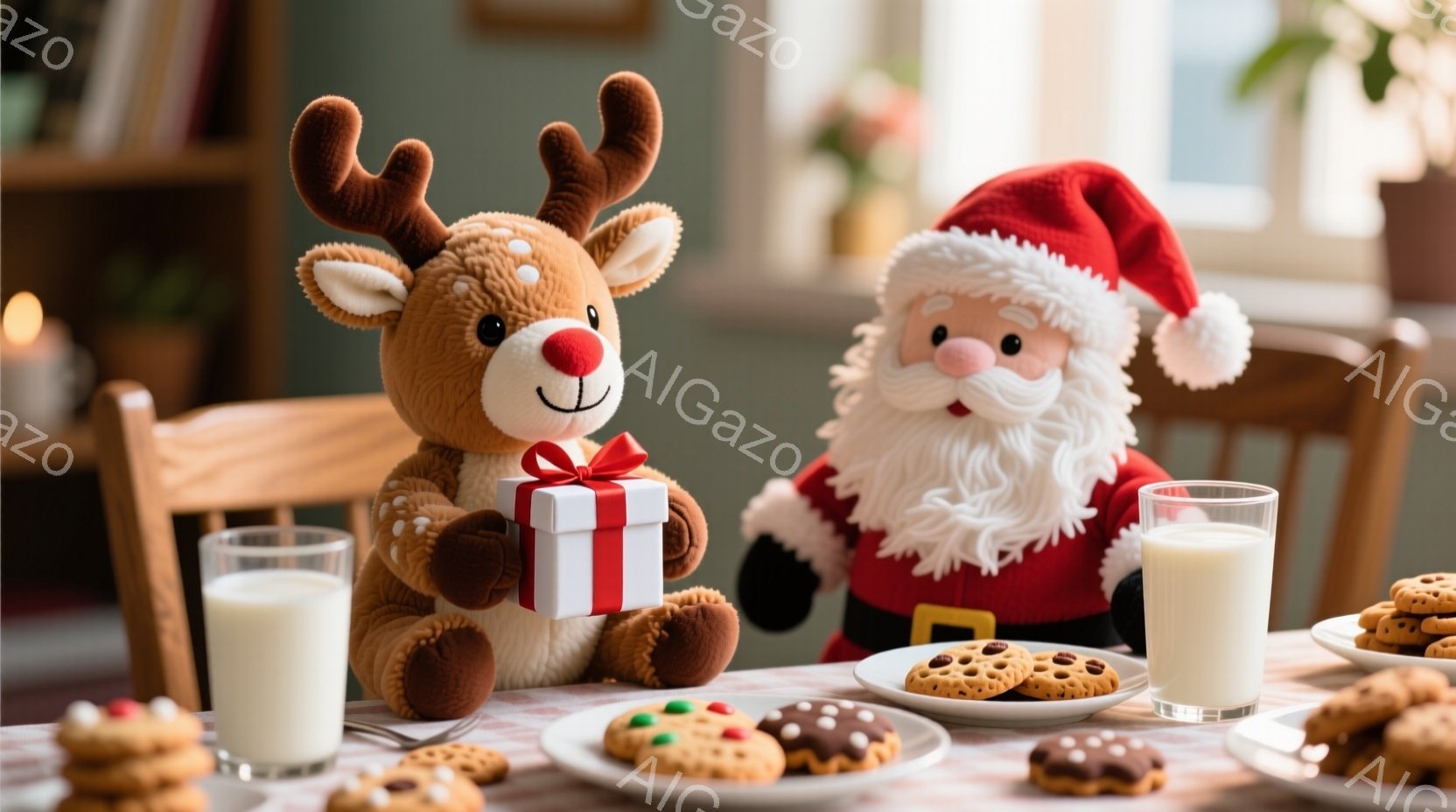 ぬいぐるみで作られたトナカイとサンタクロースが、クッキーと牛乳が置かれたテーブルを囲んでいます。トナカイは赤いリボンで結ばれたプレゼントを抱え、サンタクロースは白いひげを生やし、楽しそうな表情をしています。背景には家具や植物が見え、温かく、お祝いの雰囲気です。