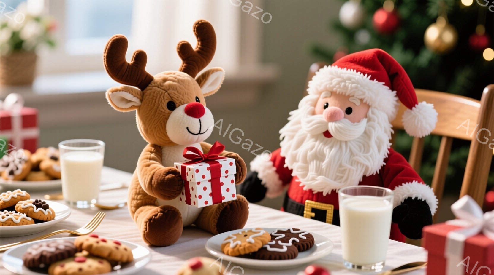 ぬいぐるみのようなトナカイとサンタクロースがテーブルを囲んでいます。トナカイは赤いリボンで飾られたプレゼントを抱え、サンタクロースは白いひげと赤い帽子をかぶって笑顔を浮かべています。背景にはクリスマス - AI生成フリー素材