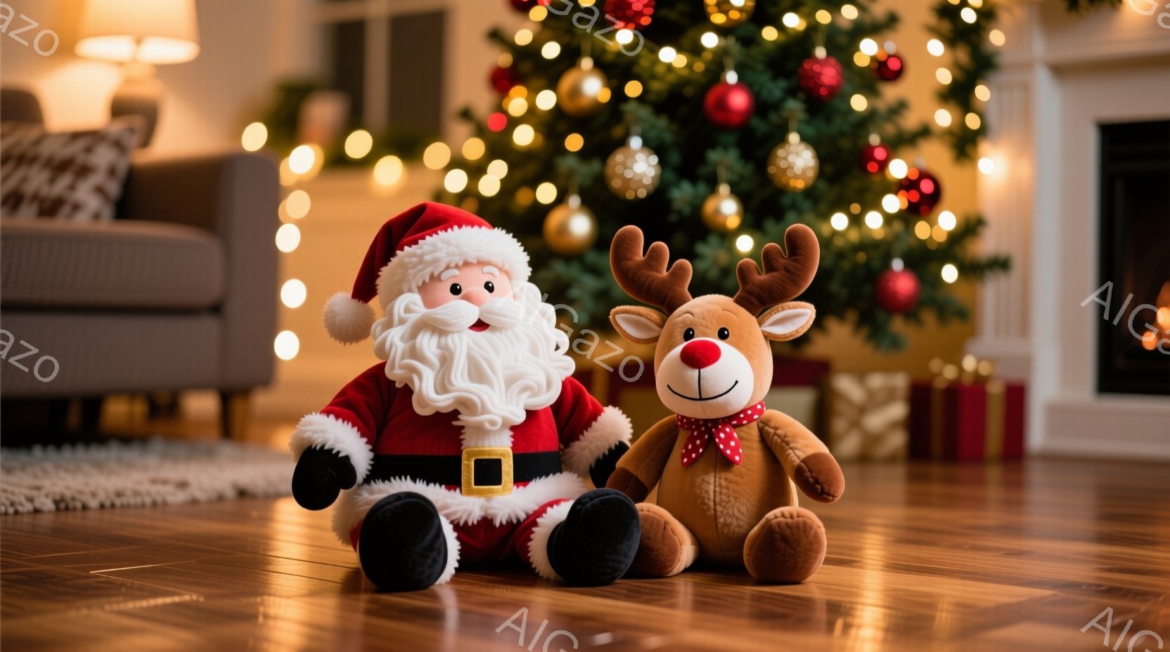 暖炉とクリスマスツリーを背景に、サンタクロースとトナカイのぬいぐるみ2体が床に座っています。サンタクロースは赤い衣装を着て、白いひげを生やし、トナカイは赤いリボンをつけています。暖色系の照明と装飾が、 - AI生成フリー素材