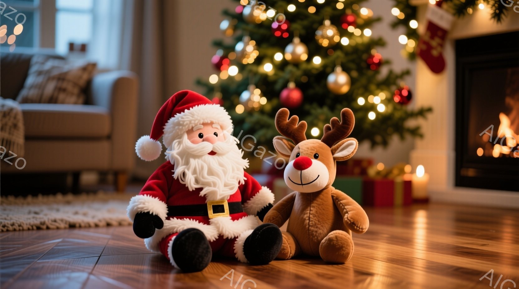 暖炉のあるリビングルームの床に、サンタクロースとトナカイのぬいぐるみがあります。サンタクロースは赤い衣装に黒いブーツを履き、白いひげと笑顔をしています。背景には、キラキラ光るオーナメントで飾られたクリ - AI生成フリー素材