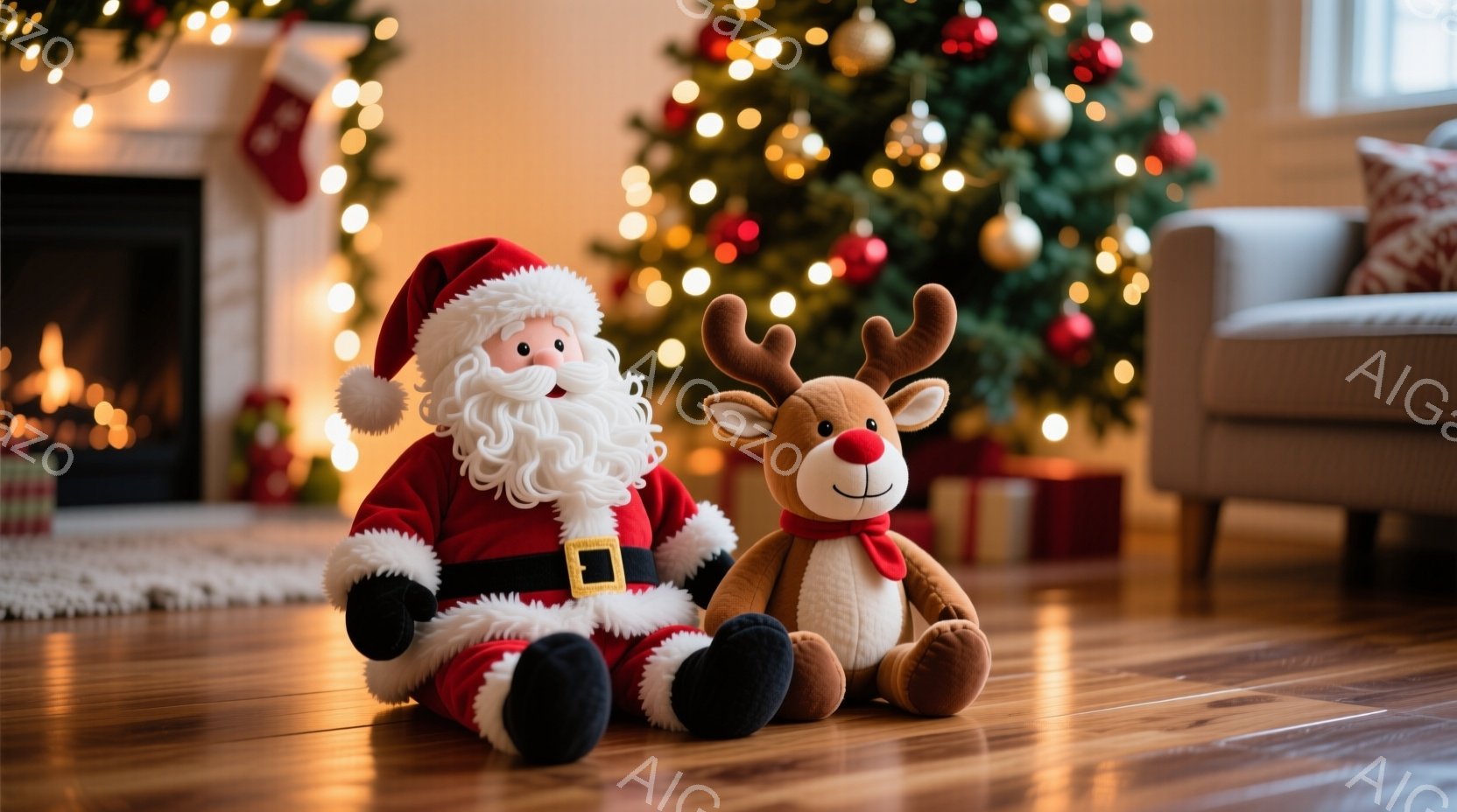 暖炉のそばに、サンタクロースとトナカイのぬいぐるみがあべこべに座っています。サンタクロースは赤いベルベットの衣装と白いひげを着て、優しい表情をしています。背景には、キラキラと輝くクリスマスツリーと、贈 - AI生成フリー素材