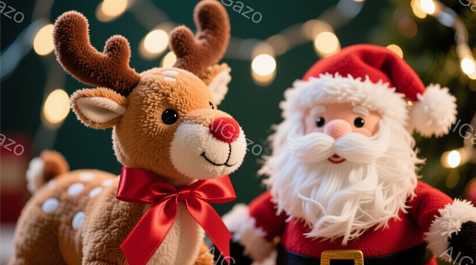 ふわふわの茶色のトナカイのぬいぐるみと、赤い服を着たサンタクロースのぬいぐるみが並んで写っています。トナカイは赤いリボンをつけており、サンタクロースは白いひげと帽子をかぶって笑顔を浮かべています。背景 - AI生成フリー素材