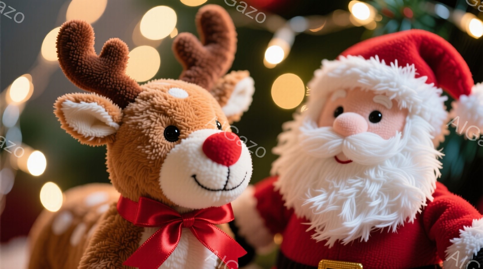 ぬいぐるみのようなトナカイとサンタクロースが並んで写っています。トナカイは赤いリボンで首を飾り、赤い鼻と優しい表情をしています。背景にはぼんやりとした光のぼかしがあり、温かくお祝いの雰囲気です。 - AI生成フリー素材