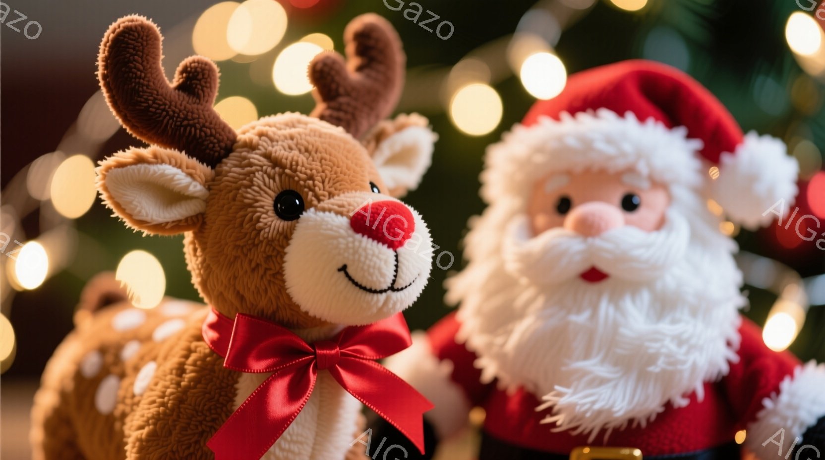 ぬいぐるみのアヒルとサンタクロースが並んで写っています。アヒルは赤色のリボンを首に巻き、可愛らしい表情をしています。背景にはぼやけたクリスマスツリーのライトがあり、温かく楽しい雰囲気を醸し出しています - AI生成フリー素材