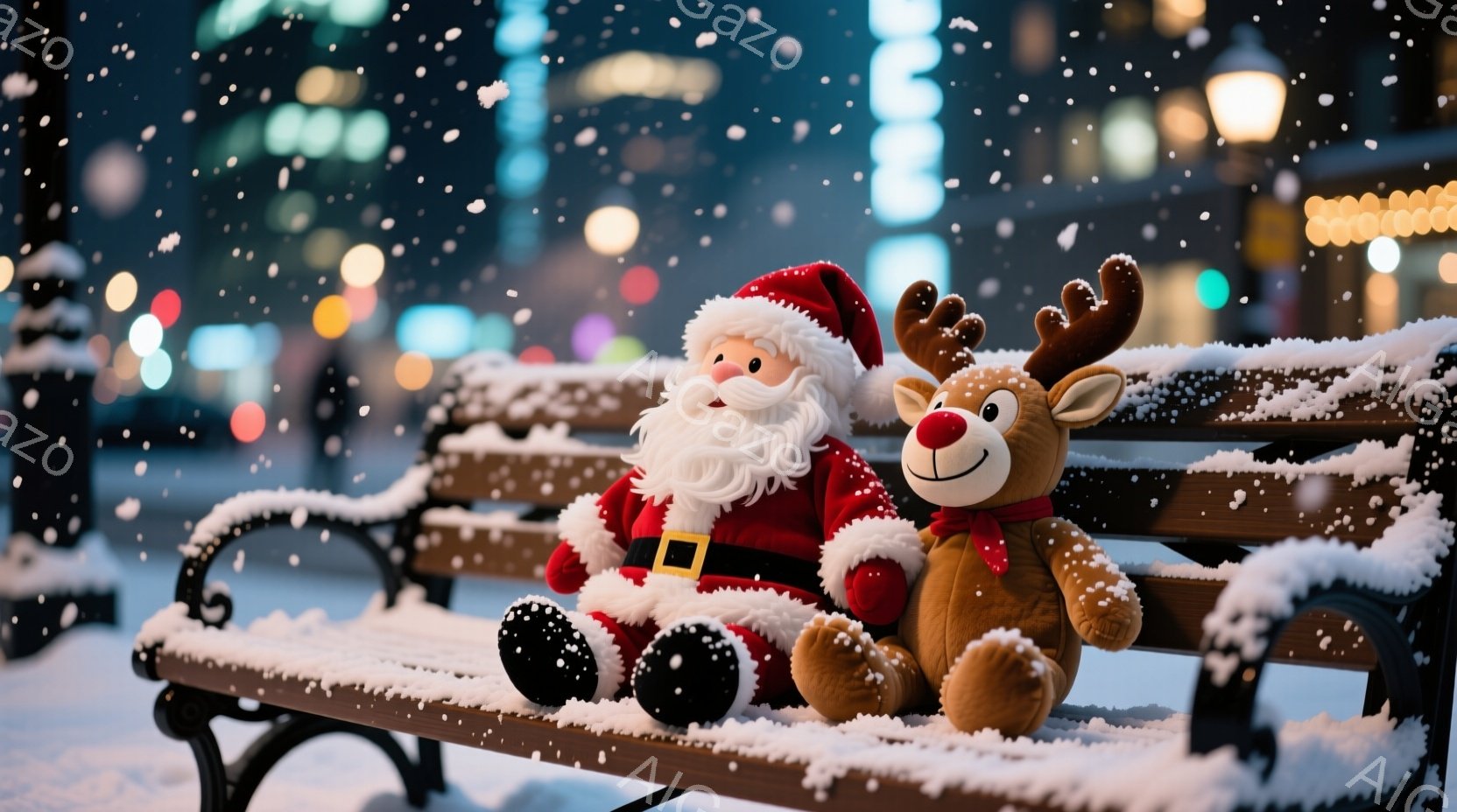 雪が降る夜の公園のベンチに、サンタクロースとトナカイのぬいぐるみがあいます。サンタクロースは赤い衣装を着て、白いひげを生やし、穏やかな表情をしています。背景にはぼやけた街並みと、輝くイルミネーションが - AI生成フリー素材