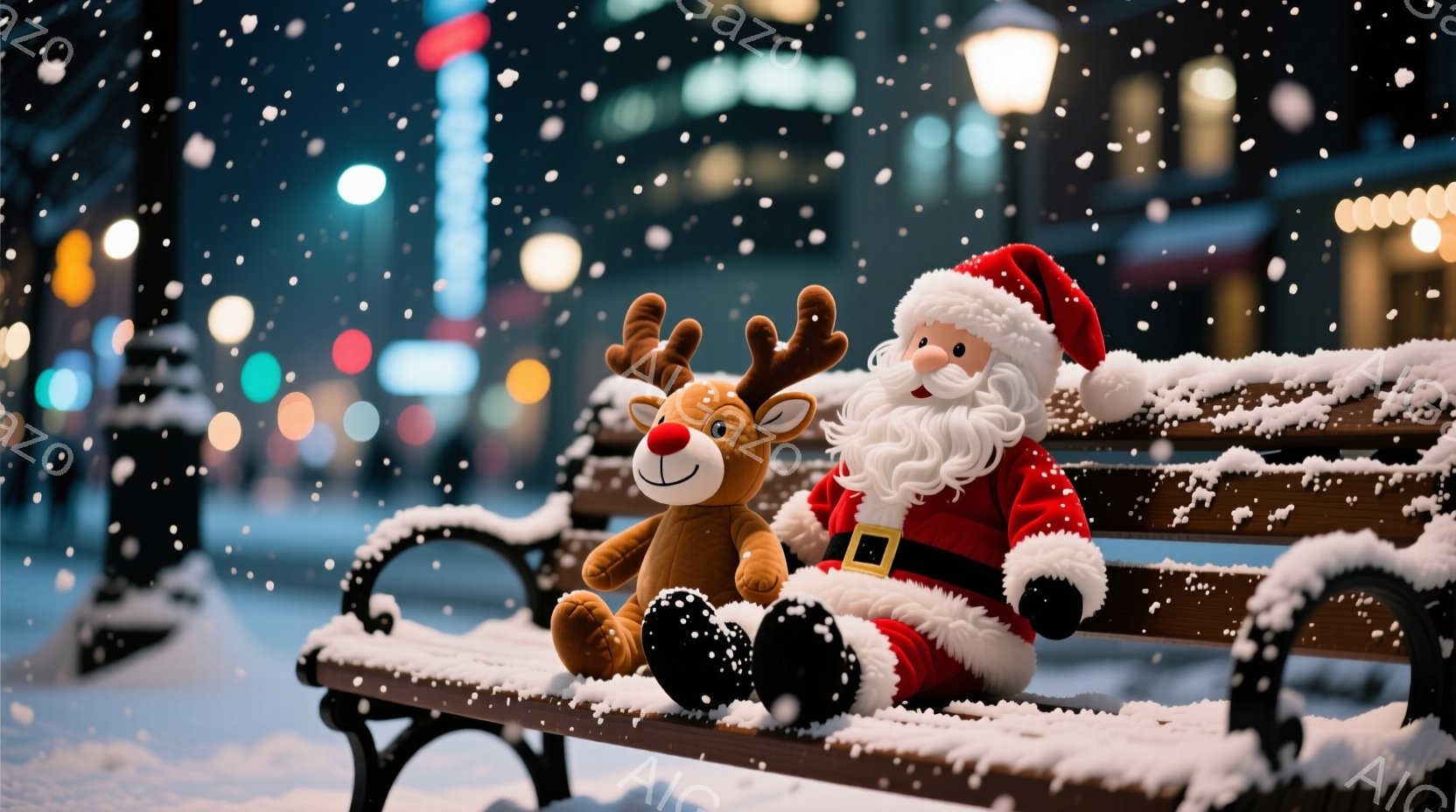雪が降る夜の公園のベンチに、サンタクロースのぬいぐるみとトナカイのぬいぐるみが座っています。サンタクロースは赤い衣装に白いひげ、トナカイは茶色い毛並みで、どちらも楽しそうな表情をしています。背景にはぼ - AI生成フリー素材