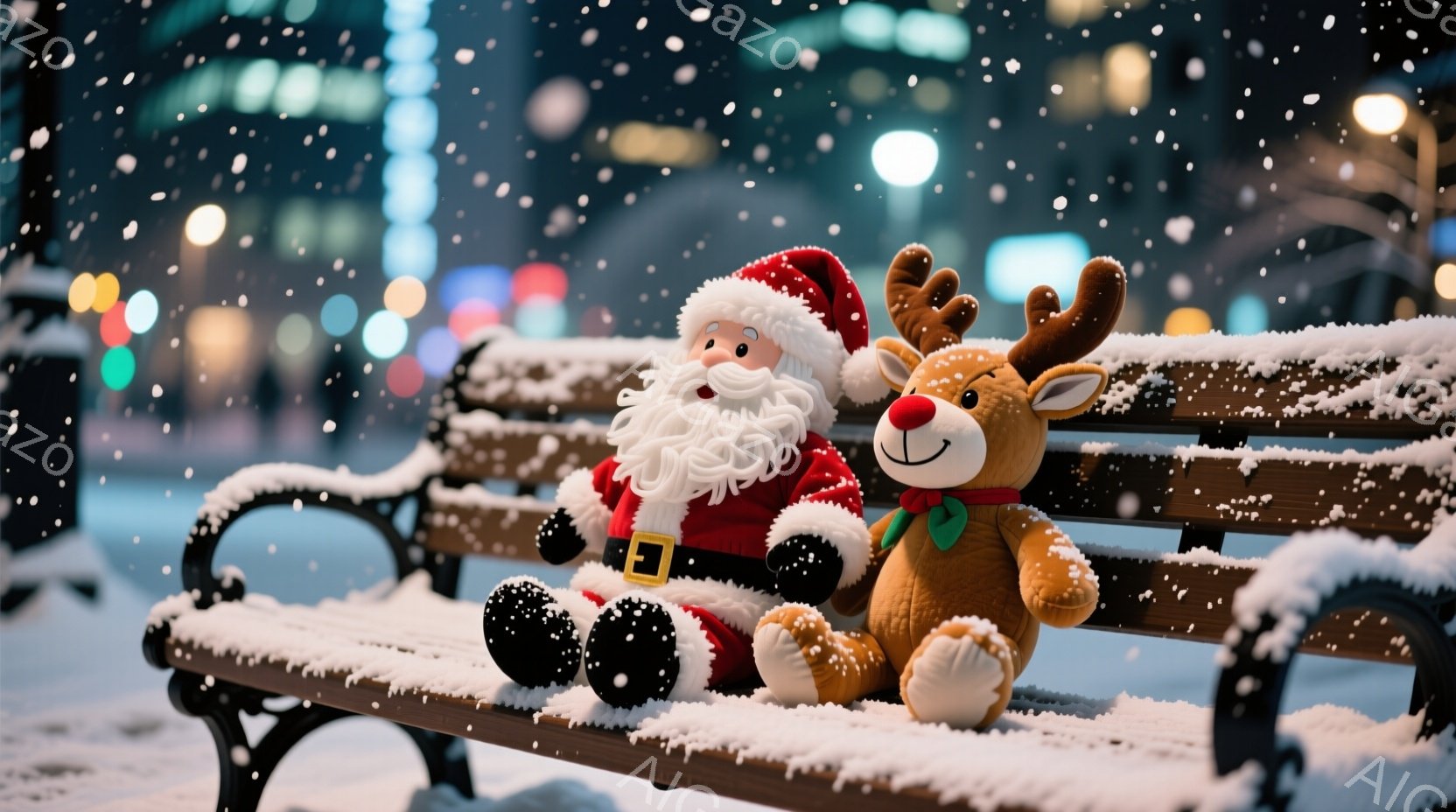 雪が降る夜、公園のベンチにサンタクロースのぬいぐるみとトナカイのぬいぐるみが並んで座っています。サンタクロースは赤い衣装を着て、白いひげとふっくらとした顔をしており、トナカイは茶色い毛並みと緑色の首輪 - AI生成フリー素材