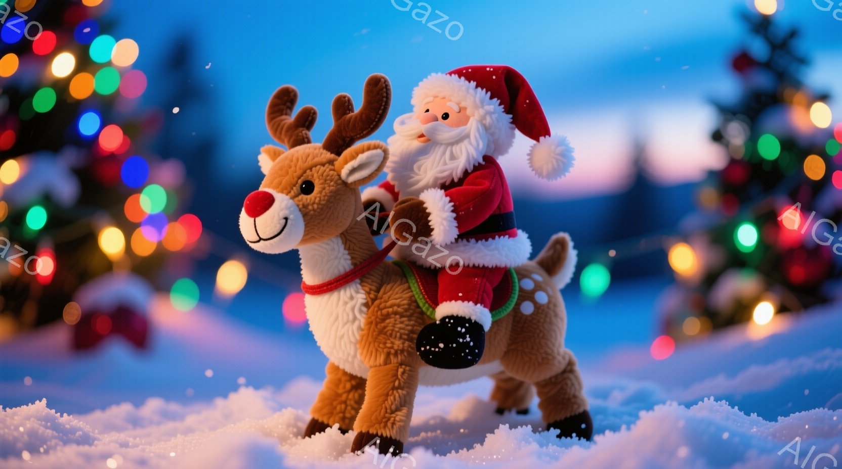 暖炉の光が差し込む雪景色の中、トナカイに乗ったサンタクロースが描かれています。サンタクロースは赤い衣装を身につけ、白いひげを生やし、笑顔を浮かべています。背景には、ぼやけたクリスマスツリーの光が輝き、 - AI生成フリー素材