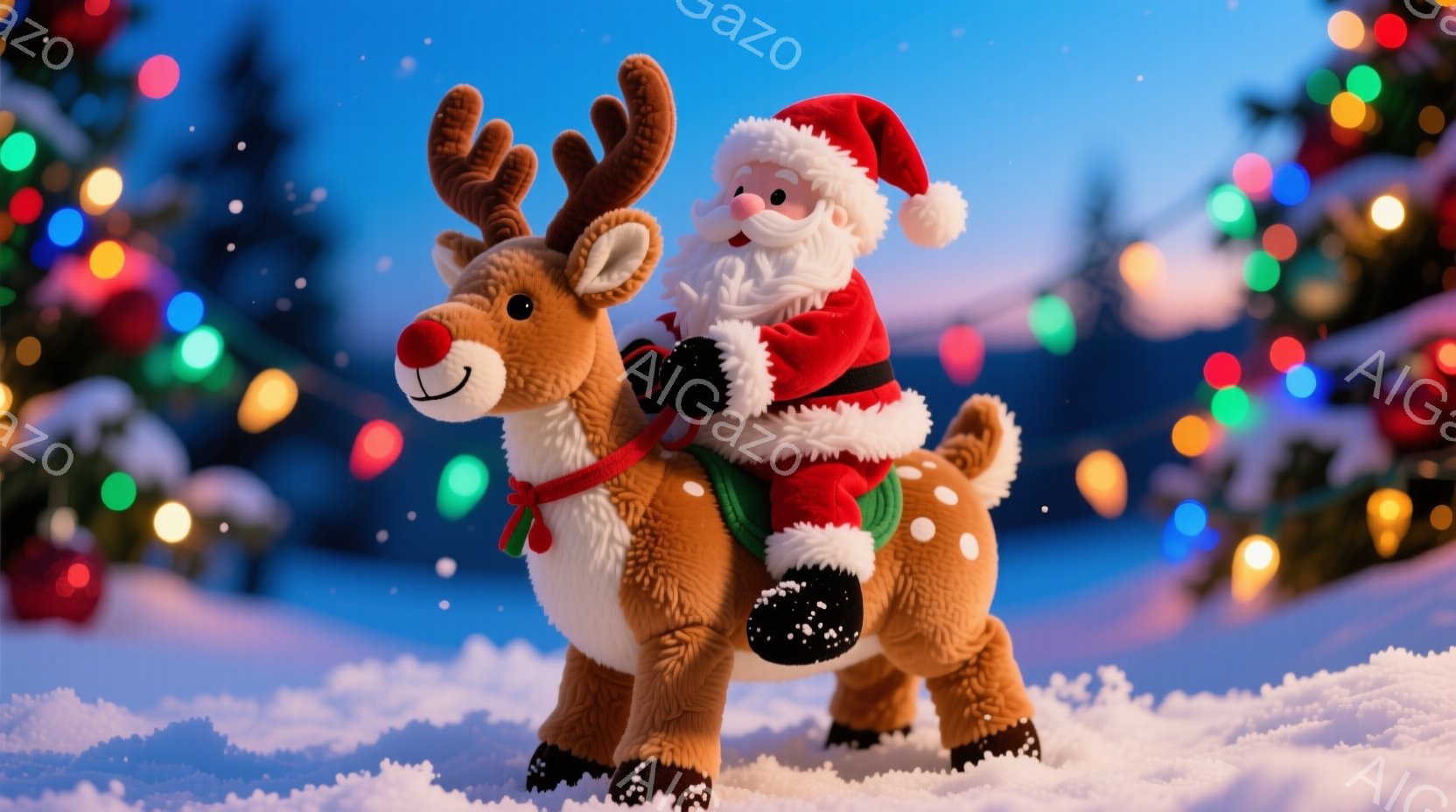 ぬいぐるみのトナカイに乗ったサンタクロースが描かれています。サンタは赤い衣装を着て白いひげを生やし、楽しそうな表情をしています。背景には雪景色と、ぼやけたクリスマスツリーのイルミネーションが広がり、温 - AI生成フリー素材