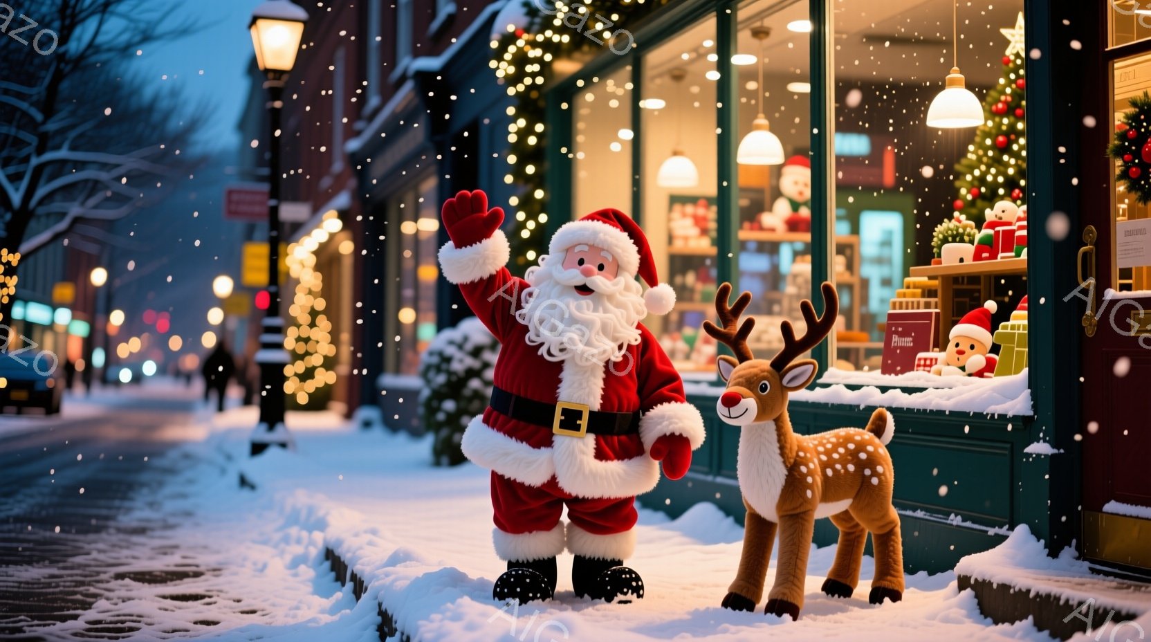 雪が降る夜の街並みを背景に、サンタクロースの人形とトナカイの人形が立っている。サンタクロースは赤い衣装を身につけ、片手を上げて笑顔を見せている。背景には、クリスマスツリーや飾り付けられた店が並び、温か - AI生成フリー素材