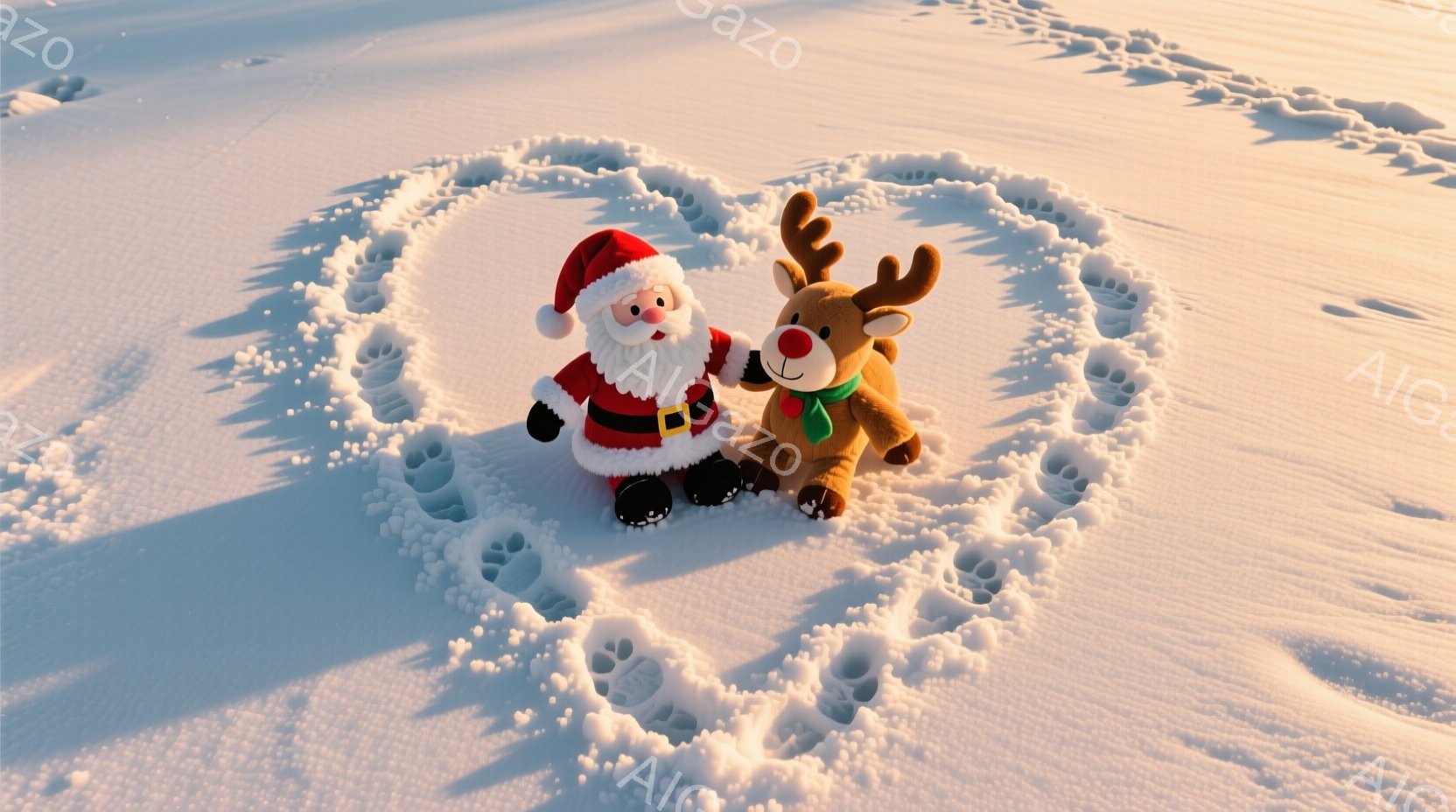 雪の上にサンタクロースとトナカイのぬいぐるみがあります。サンタクロースは赤い服と帽子を身につけ、ベルトで締めています。トナカイは茶色で、角があり、可愛らしい表情をしています。