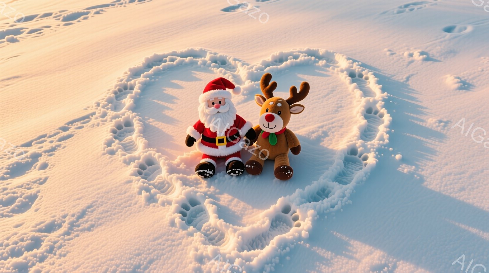 雪の上にサンタクロースとトナカイのぬいぐるみがお互いに寄り添って座っています。サンタクロースは赤い衣装に白い髭、トナカイは茶色の毛並みで、可愛らしい表情をしています。周囲には足跡が円を描くように並び、暖かく優しい冬の雰囲気を醸し出しています。