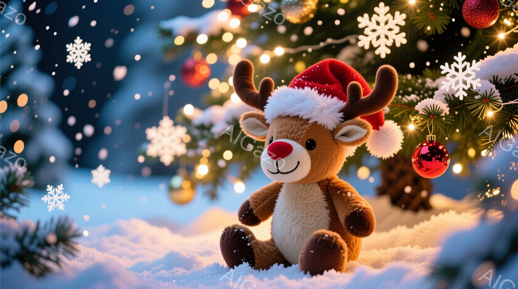 ふわふわの茶色のトナカイのぬいぐるみは、赤いサンタの帽子をかぶり、雪の上に座っています。明るい笑顔と小さな赤い鼻が可愛らしく、クリスマスの飾り付けがされた背景が暖かく、お祝いの雰囲気を醸し出しています - AI生成フリー素材