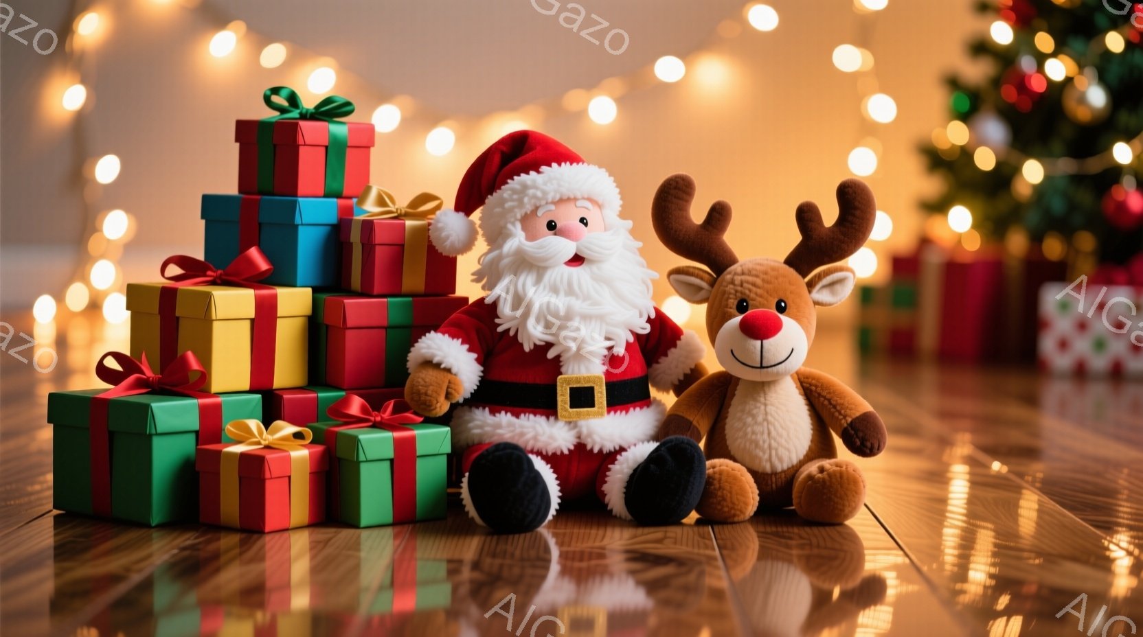 鮮やかなプレゼントの山を背景に、サンタクロースの人形とトナカイの人形が座っています。サンタクロースは赤い帽子とコートを着て、白いひげを生やし、笑顔を見せています。背景にはぼやけたクリスマスツリーと、温 - AI生成フリー素材