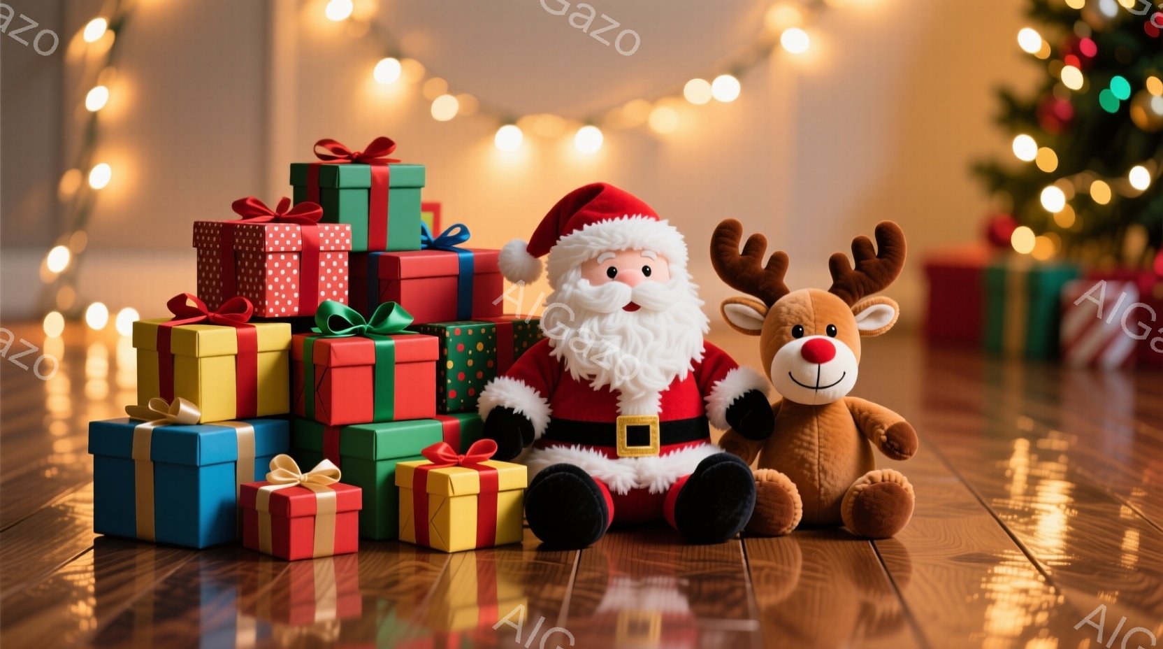 豪華なプレゼントの山を背景に、サンタクロースの人形とトナカイのぬいぐるみが座っています。サンタクロースは赤い帽子と服を着ており、白いひげと優しい笑顔を浮かべています。背景にはキラキラと輝く光の飾りがあ - AI生成フリー素材