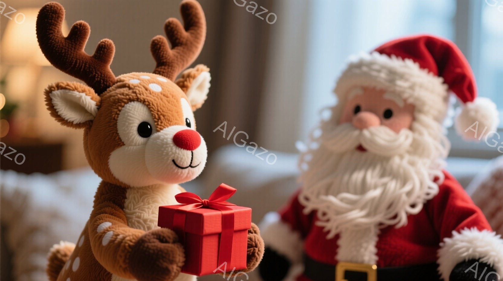ぬいぐるみのトナカイが赤いリボンで結ばれた赤いプレゼントを抱えています。背景には、白いひげと赤い服を着たサンタクロースのぬいぐるみがあり、少し横を向いて見守っています。全体的に、温かく、お祝いの雰囲気 - AI生成フリー素材