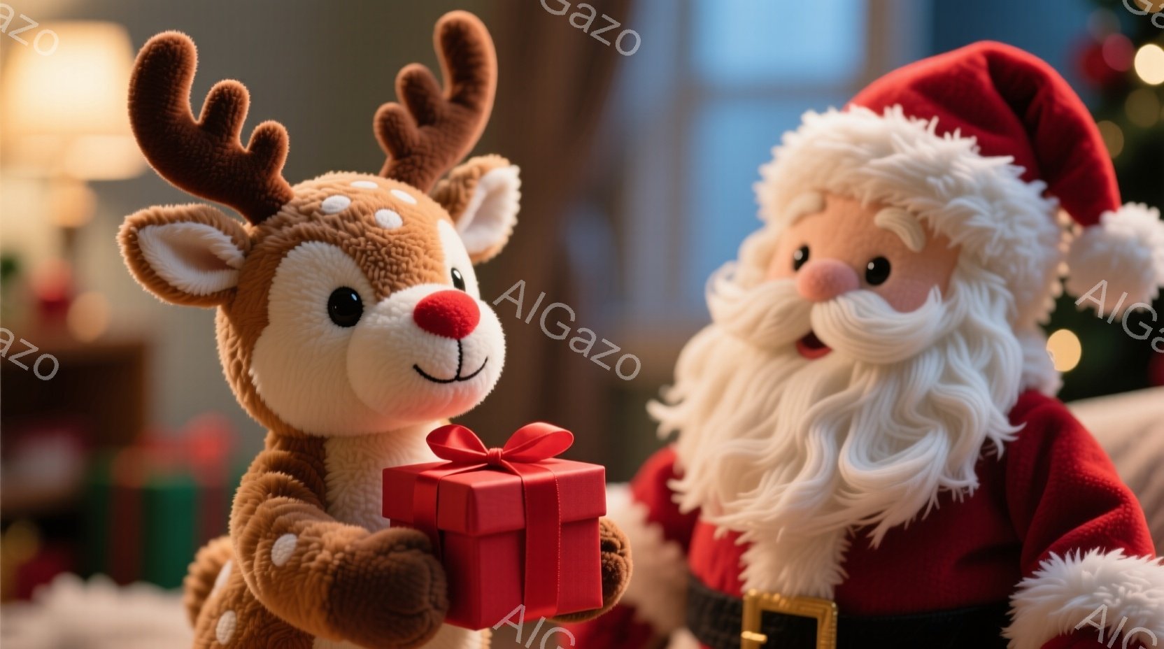 ぬいぐるみのようなトナカイとサンタクロースが写っています。トナカイは茶色の毛並みで、赤い鼻と愛らしい表情をしています。サンタクロースは赤いスーツと白いひげ、帽子を身につけ、微笑んでいます。背景にはぼや - AI生成フリー素材