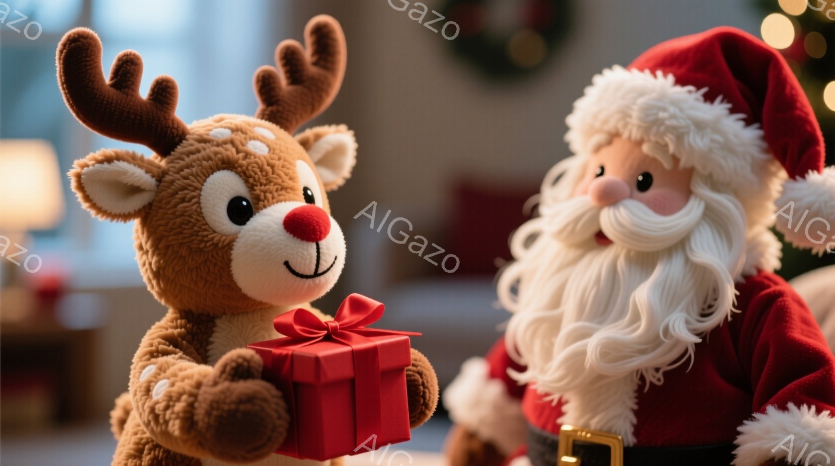 ぬいぐるみのようなトナカイが赤いリボンで結ばれた赤いプレゼントを正面に向かって持っています。隣には白いひげと赤い衣装を着たサンタクロースがいて、楽しそうな表情をしています。背景にはぼやけたクリスマスツ - AI生成フリー素材