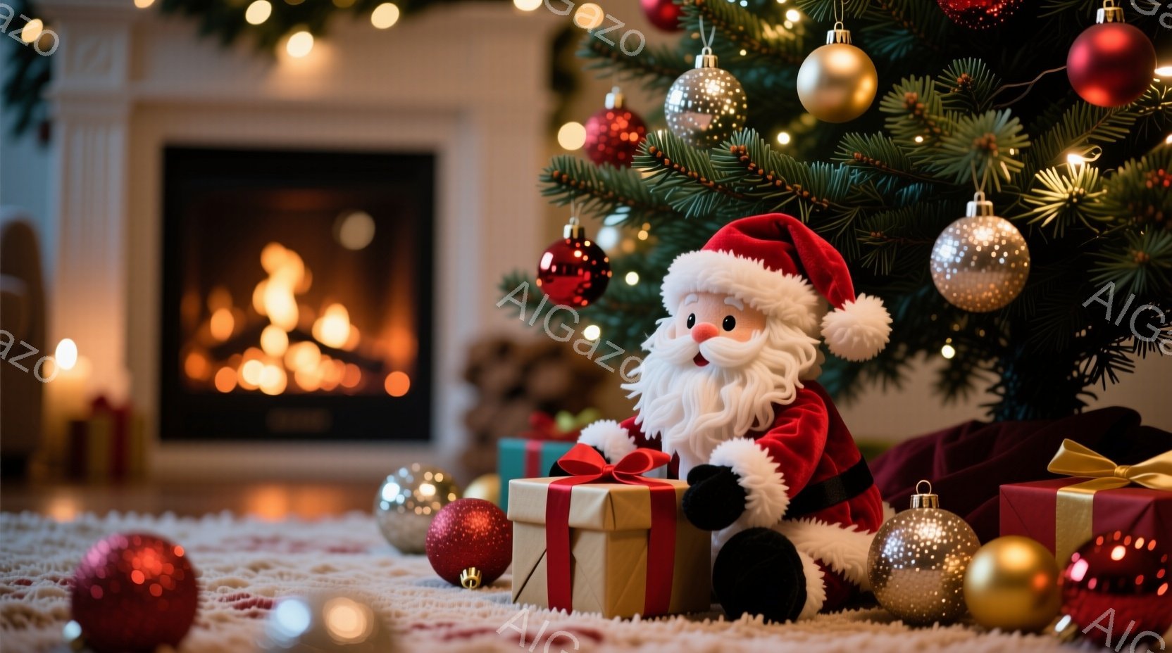 クリスマスツリーの足元に、可愛らしいサンタクロースの人形が座っており、プレゼントの箱を背景にしています。暖炉の火が暖かく照らし、赤、金、銀のオーナメントがツリーを華やかに飾り立てています。全体的に温か - AI生成フリー素材