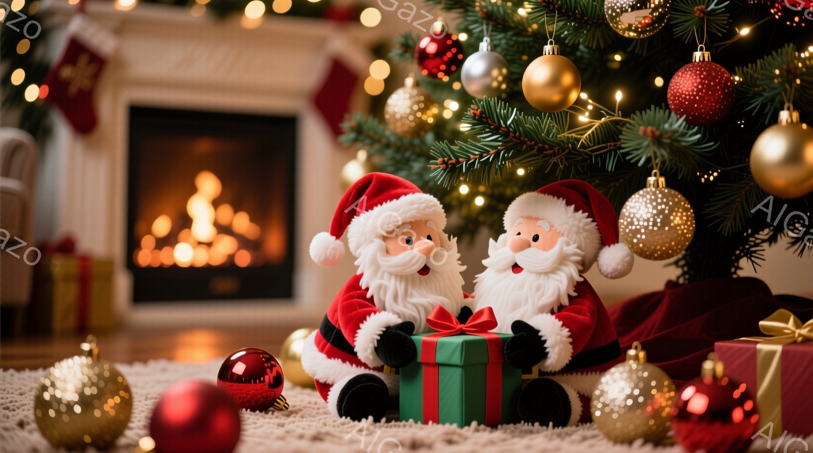 クリスマスツリーの足元に、サンタクロースのぬいぐるみ2体が緑色のプレゼントボックスを挟んで座っています。ぬいぐるみは赤い帽子と衣装を着ており、白いひげと優しい笑顔が特徴です。背景には、暖炉の炎と赤いクリスマスストッキング、そしてキラキラと光るオーナメントで飾られたクリスマスツリーがあり、暖かくお祝いムードに満ちた雰囲気です。