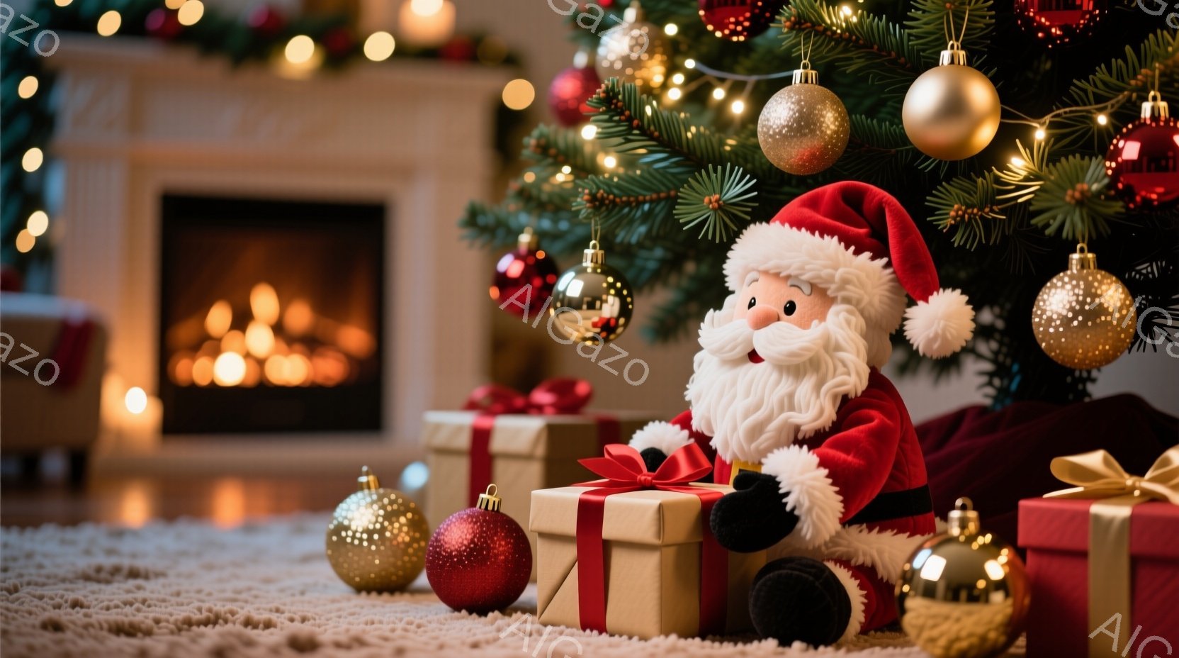ぬいぐるみのようなサンタクロースが、プレゼントの箱に囲まれて座っています。彼は赤い帽子とコートを着て、白いひげと優しい笑顔を見せています。背景にはクリスマスツリーが飾られ、暖炉の火が温かい光を灯し、全 - AI生成フリー素材