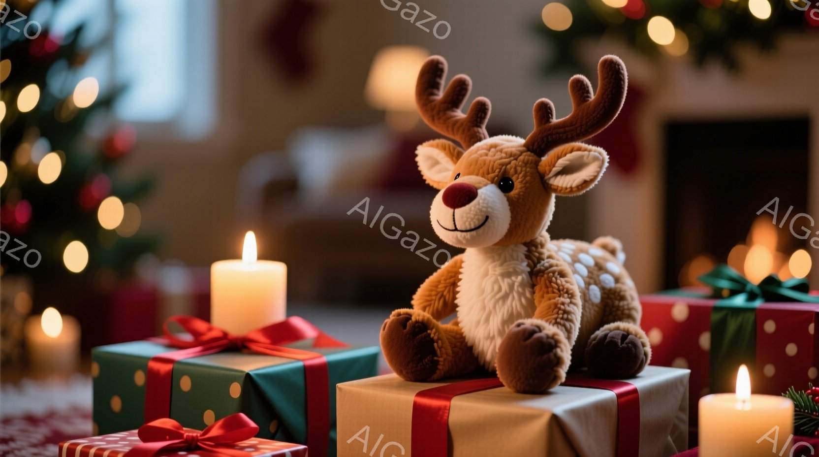 柔らかい茶色のトナカイのぬいぐるみは、クリスマスプレゼントの山の上に座ってリラックスしています。背景には、ぼやけたクリスマスツリーと暖炉の炎が見え、温かく穏やかな雰囲気を醸し出しています。キャンドルの - AI生成フリー素材