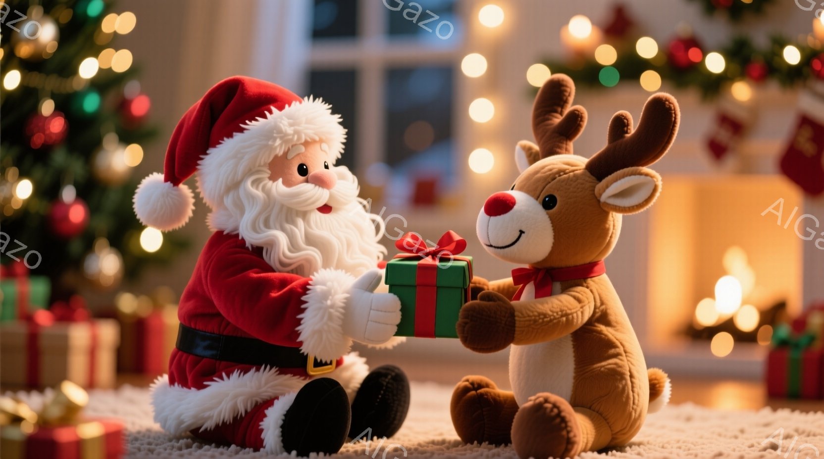 暖炉のそばに、サンタクロースの人形とトナカイの人形が座っています。サンタクロースは赤い衣装を着て、白いひげを生やし、トナカイに緑色のリボンで結ばれたプレゼントを渡しています。背景には、クリスマスツリー - AI生成フリー素材