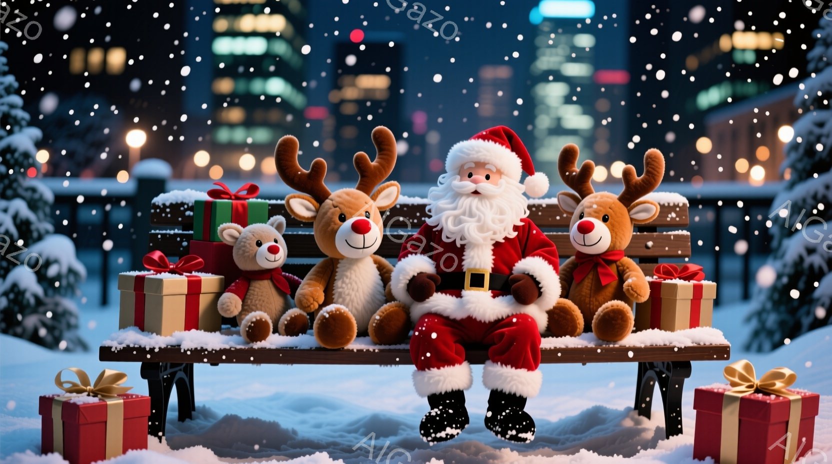 サンタクロースがベンチに座り、両脇に2体のトナカイのぬいぐるみと、たくさんのプレゼントの箱が並んでいます。サンタは赤いスーツと帽子を着用し、白いひげを生やしており、温かい笑顔を浮かべています。背景には - AI生成フリー素材