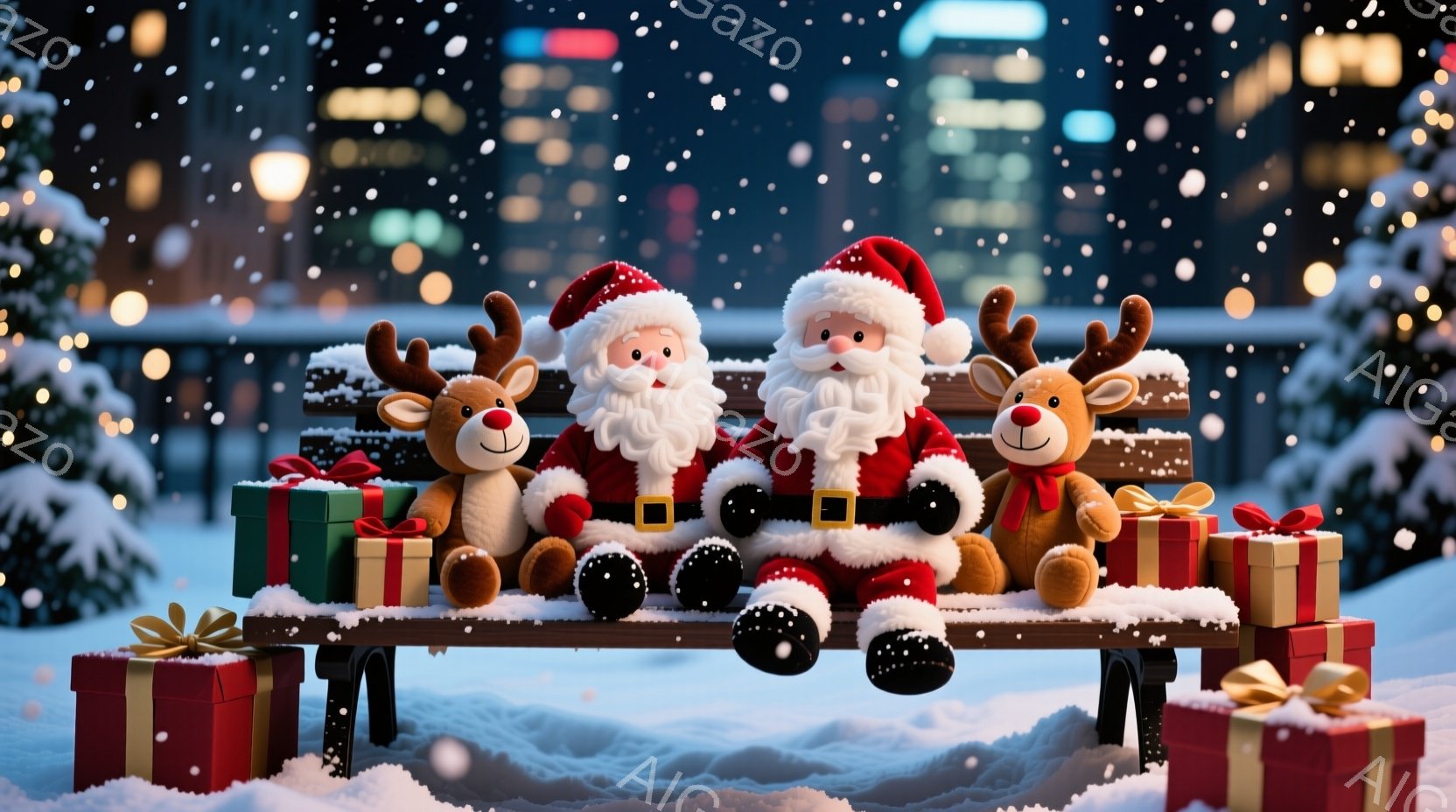 雪が降り積もる夜、プレゼントの箱に囲まれたサンタクロースと2匹のトナカイのぬいぐるみたちが、木製のベンチに座っています。サンタクロースは赤い衣装に白いひげを生やし、トナカイは愛らしい表情で、まるで人間のようにリラックスしたポーズをとっています。背景にはぼんやりと夜景が広がり、全体的に温かく、祝祭的な雰囲気が漂っています。