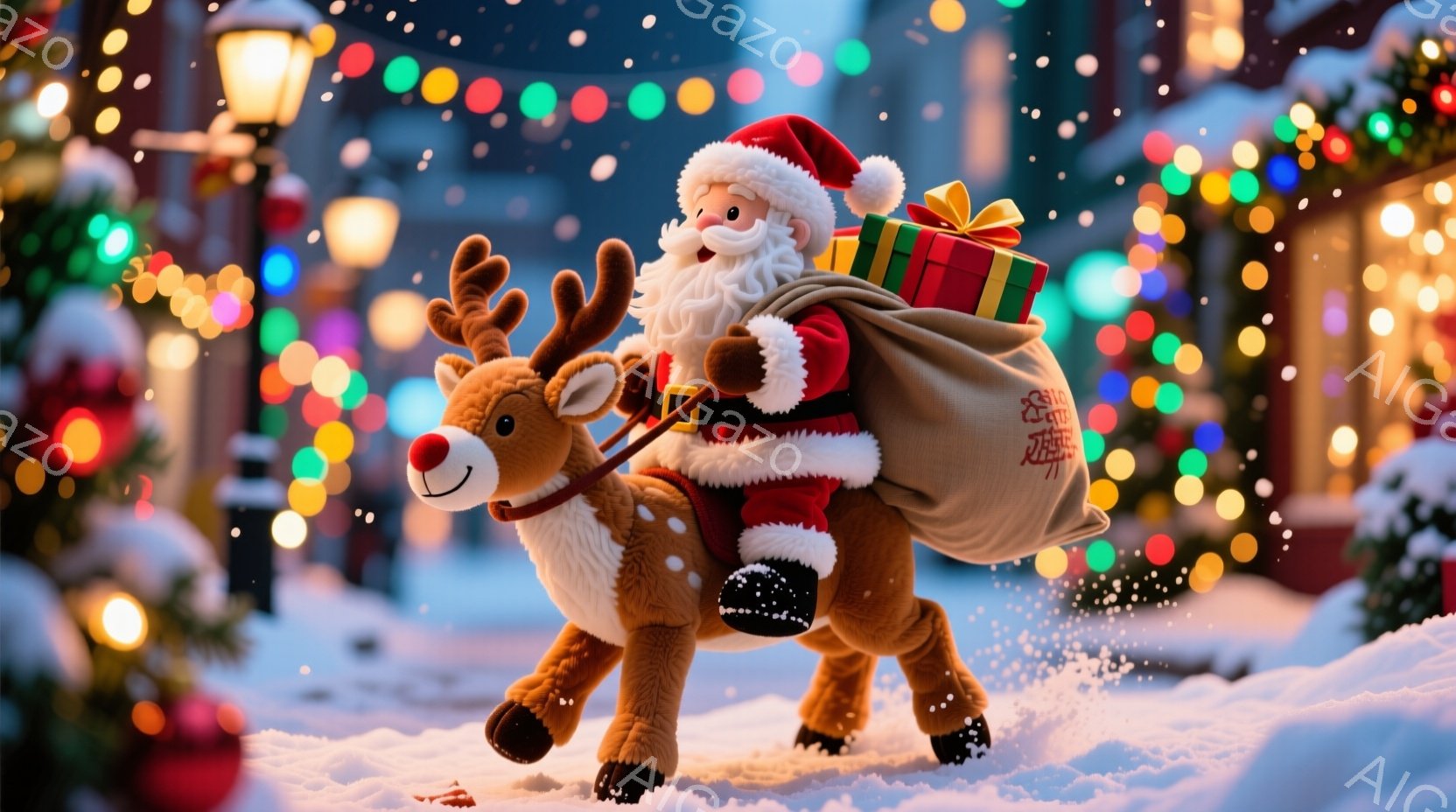 雪景色の中で、サンタクロースがトナカイに乗って駆け抜けている様子が描かれています。サンタクロースは赤い服と帽子を身につけ、白いひげを生やし、優しい笑顔を見せています。背景にはぼやけた街並みと、様々な色 - AI生成フリー素材