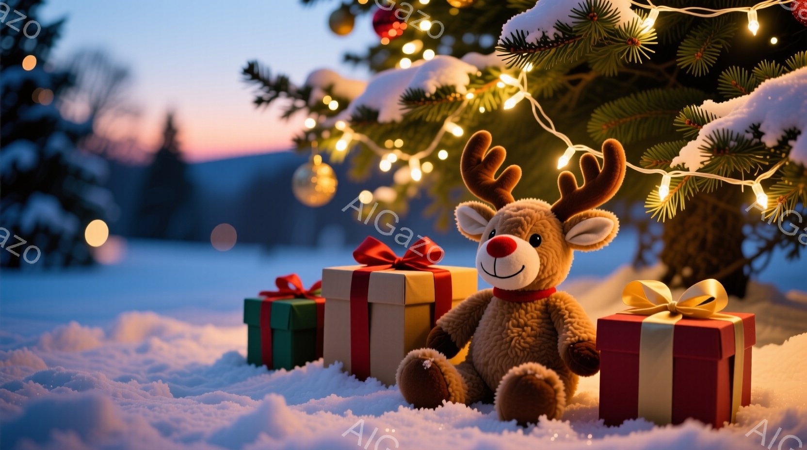 雪景色の中に、ぬいぐるみのトナカイがプレゼントの箱の間に座っています。トナカイは茶色の毛並みで、赤い鼻と大きな角を持ち、穏やかな笑顔を浮かべています。背景には、電飾で飾られたクリスマスツリーがあり、夕 - AI生成フリー素材