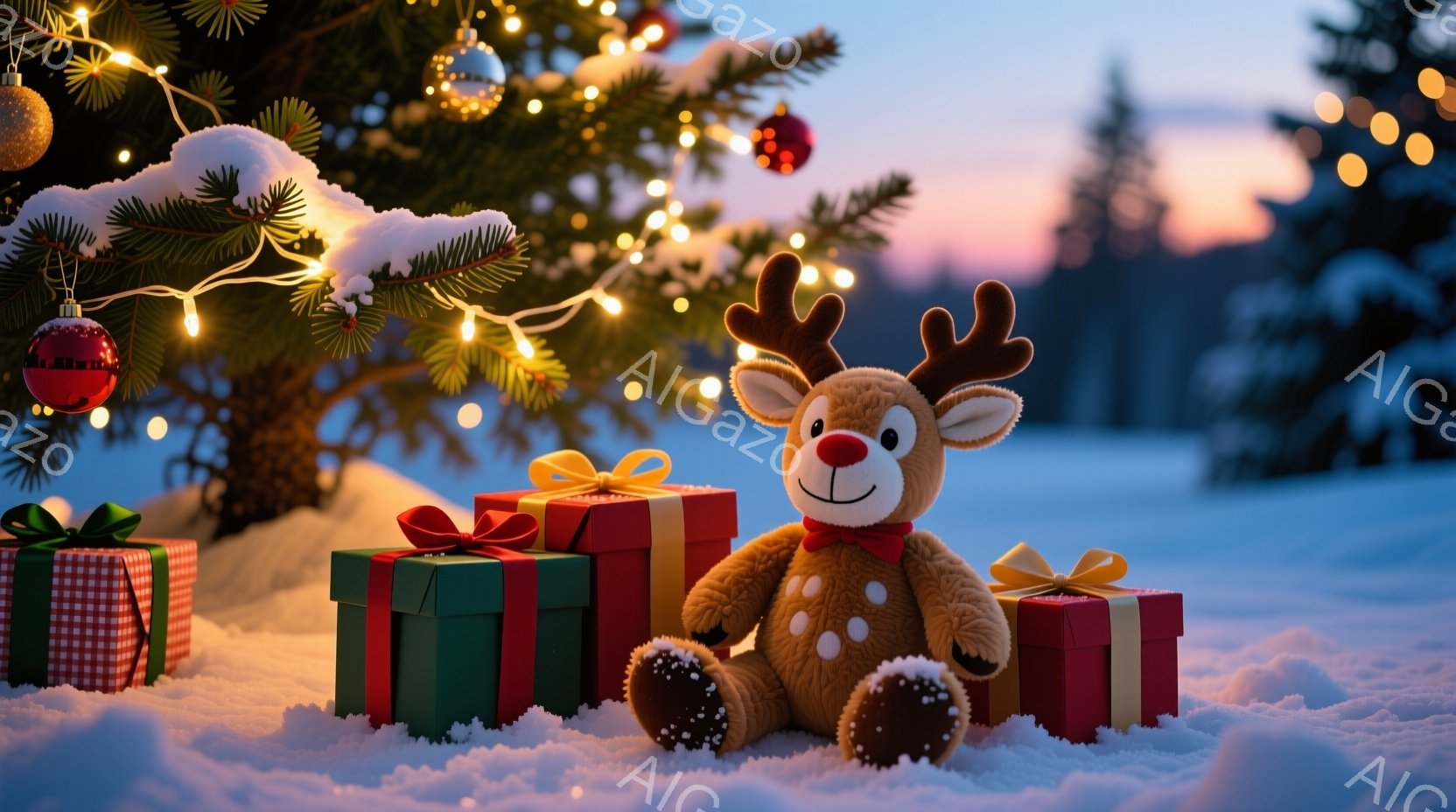 ぬいぐるみのようなトナカイが、雪に覆われた地面に置かれたプレゼントの山に座っています。背景には、光るイルミネーションで飾られたクリスマスツリーと、雪景色が広がる冬の風景が見えます。全体的に暖かく、お祝 - AI生成フリー素材