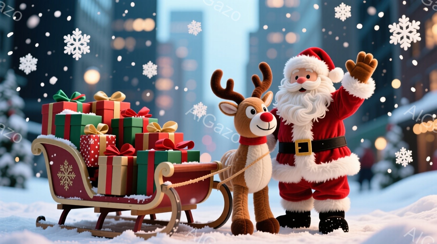 サンタクロースが赤いソリの横に立っており、多くのプレゼントの箱が積まれています。サンタは白いひげと赤い衣装を身につけ、片手を上げて笑顔を見せています。背景には雪景色とぼやけた街の建物が見え、全体的に暖かく、お祝いムードに満ちています。