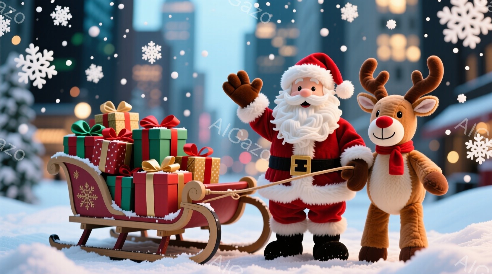 サンタクロースは赤いスーツと白いひげを生やし、笑顔で片手を上げています。彼はプレゼントが積み込まれたそりを引き、隣には赤い鼻と角を持つ愛らしいトナカイの人形が立っています。背景には雪景色とぼやけた都市 - AI生成フリー素材