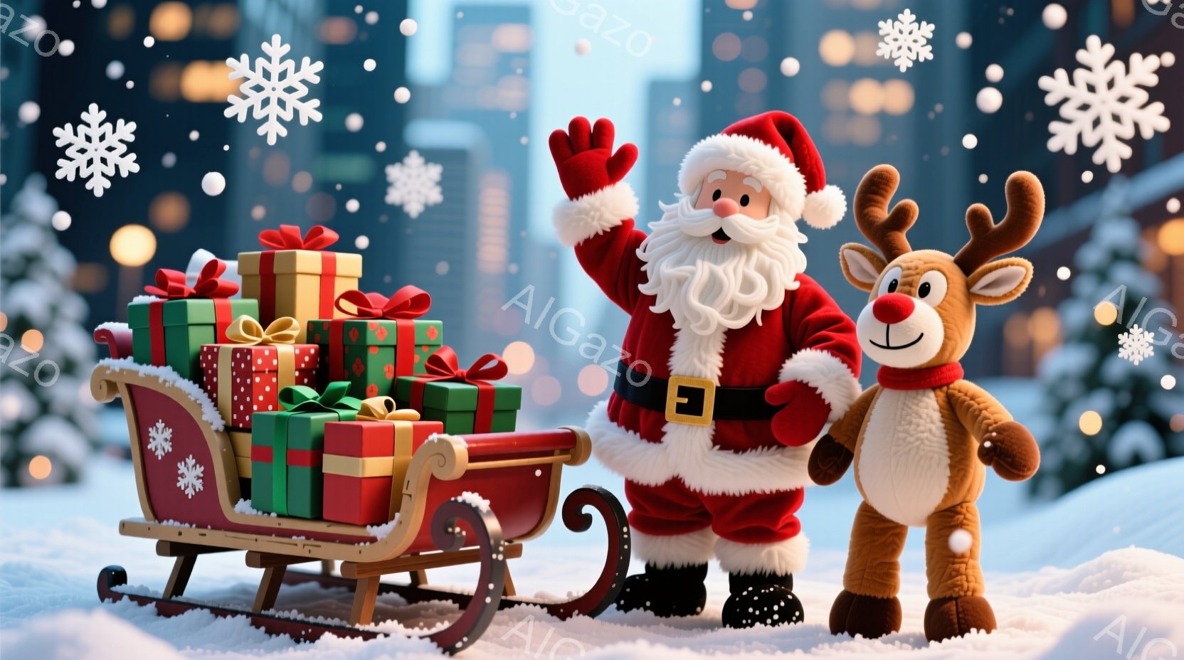 サンタクロースは赤い衣装に白いトリミングがあり、金色のバックルが付いた黒いベルトを締めています。彼は片手を上げて笑顔で、雪景色の中に置かれたプレゼントの山を積んだそりに寄りかかっています。背景にはぼや - AI生成フリー素材