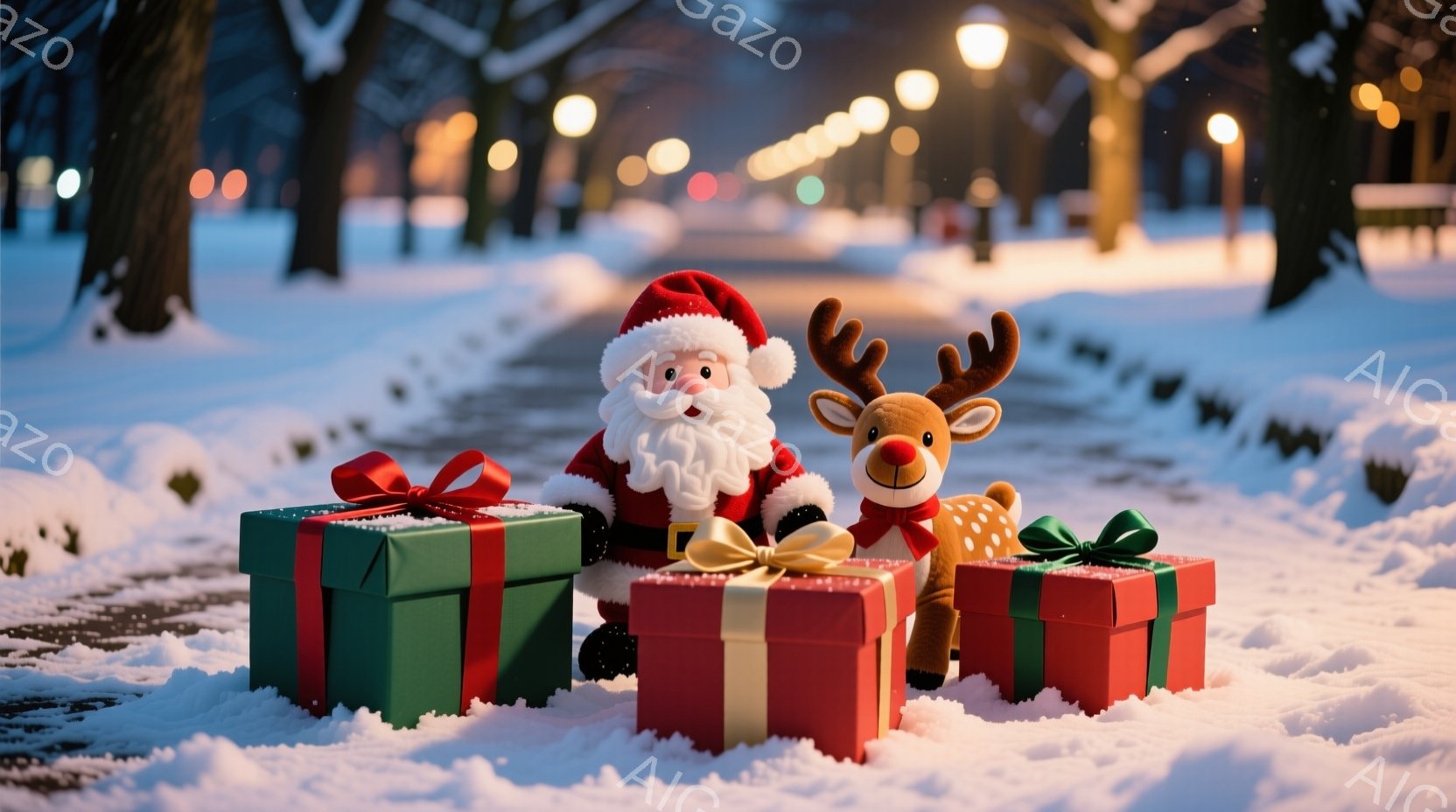 サンタクロースとトナカイのぬいぐるみが、緑と赤の大きなプレゼントボックスに囲まれて雪の上に座っています。サンタクロースは赤い帽子とコートを着て、白いひげと優しい笑顔を見せており、トナカイは茶色の毛並み - AI生成フリー素材