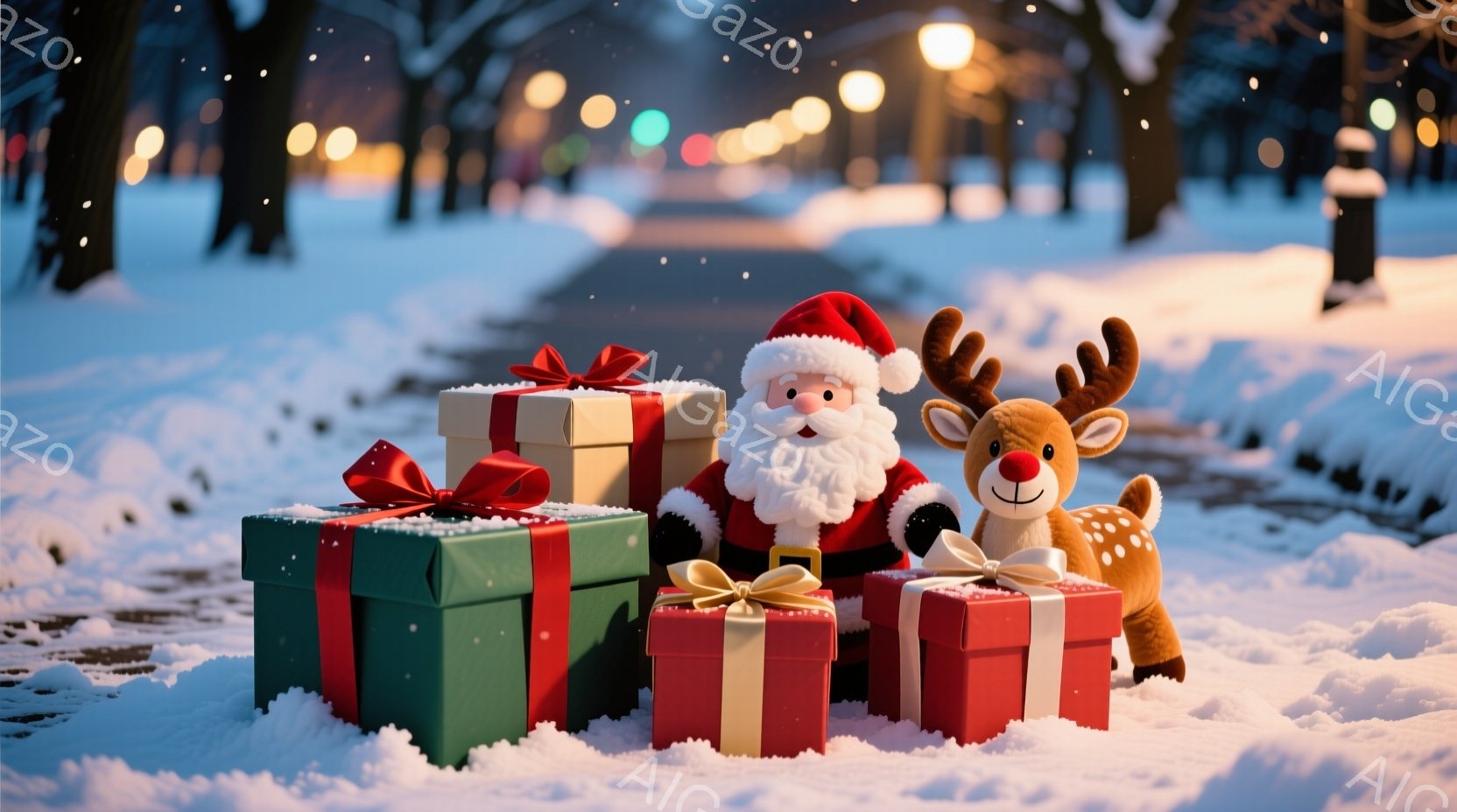 雪景色の中で、サンタクロースの人形と鹿のぬいぐるみがお祝いのプレゼントの山に囲まれています。サンタクロースは赤いベルベットの衣装を身につけ、白いひげを蓄え、優しい笑顔を浮かべています。背景にはぼやけた - AI生成フリー素材