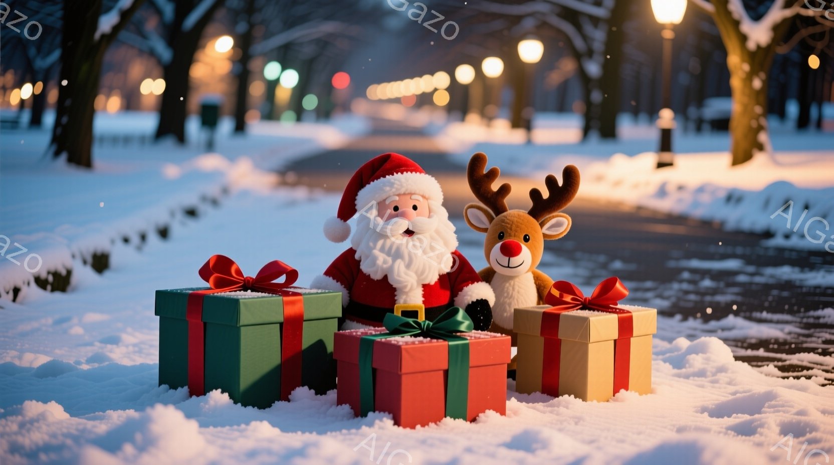 雪景色の中に、サンタクロースの人形とトナカイのぬいぐるみがプレゼントの箱に囲まれて座っています。サンタクロースは赤い帽子と衣装を身につけ、白いひげと笑顔で、プレゼントの箱に手を添えています。背景には木 - AI生成フリー素材