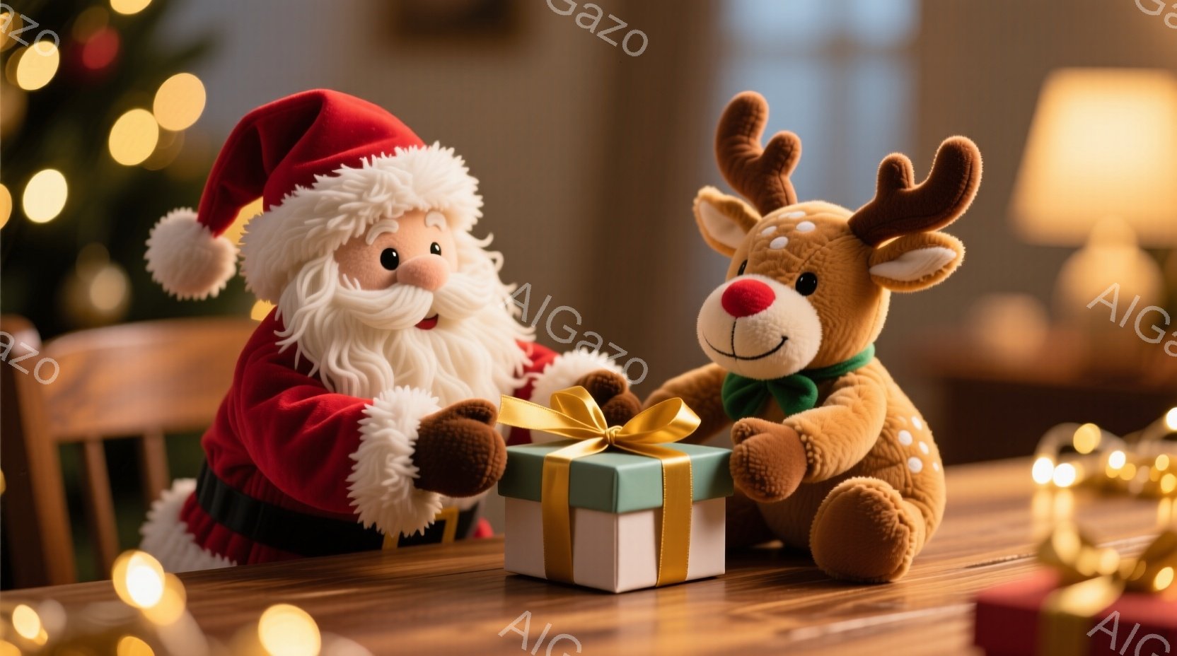 暖炉の光が差し込む木製のテーブルの上で、サンタクロースの人形とトナカイの人形がプレゼントの箱を囲んでいます。サンタクロースは赤い衣装を着て白いひげを蓄え、トナカイは茶色の毛並みに緑のリボンをつけており - AI生成フリー素材