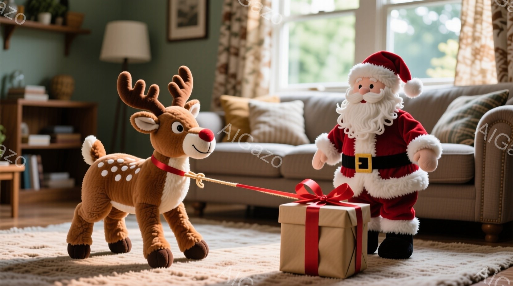 温かい色調の室内には、クリスマスのプレゼントと、トナカイのぬいぐるみとサンタクロースのぬいぐるみが置かれています。サンタクロースは赤い衣装と白いひげをもち、プレゼントに赤いリボンを結んでいます。背景には、クリーム色のソファと本棚があり、温かく快適なクリスマスの雰囲気を醸し出しています。