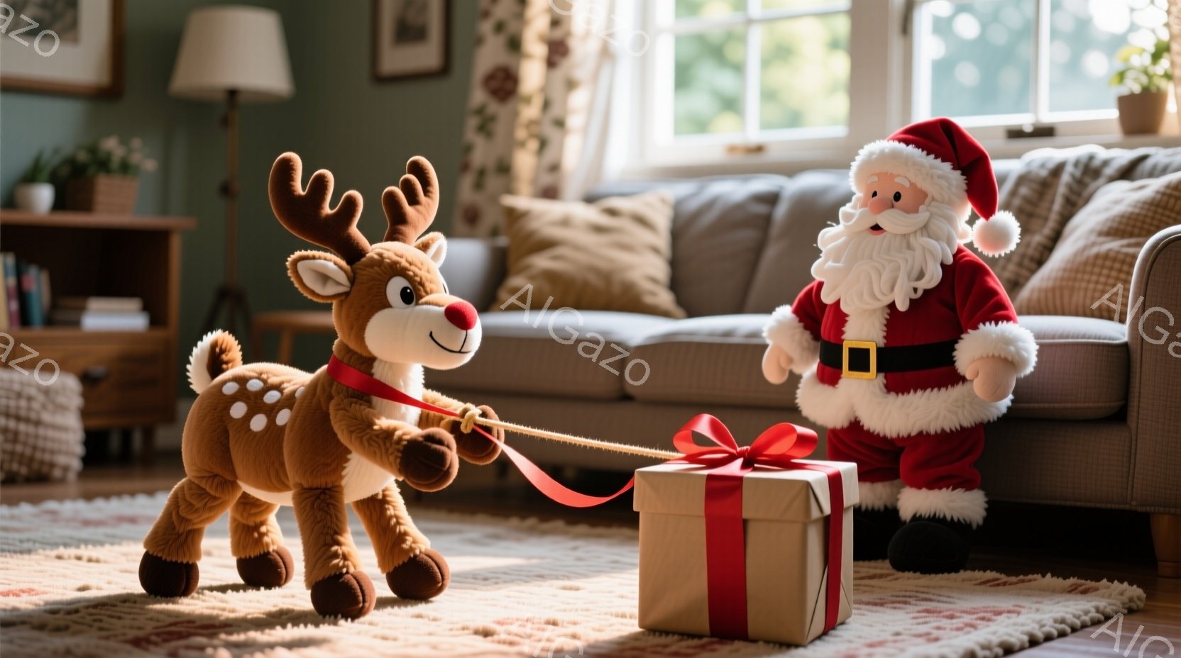 ぬいぐるみのようなトナカイが、赤いリボンで結ばれたプレゼントを引っ張っています。背景には、灰色のソファーと窓があり、明るい室内で暖かな雰囲気が漂っています。サンタクロースのぬいぐるみも立っており、クリスマスの装飾が施されたリビングルームの様子が伺えます。