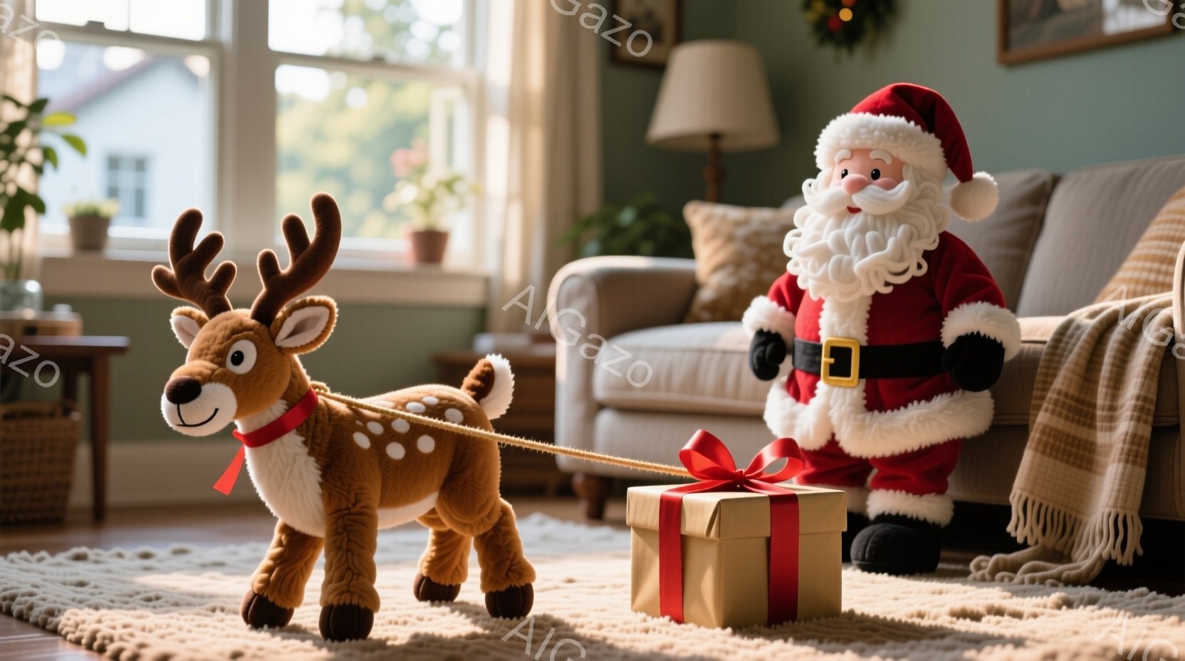 暖炉のある居間で、サンタクロースの人形とトナカイのぬいぐるみが描かれています。サンタクロースは赤い衣装と白いひげで、プレゼントの箱の前に立っており、トナカイは赤い首輪をつけて箱に繋がれています。背景に - AI生成フリー素材