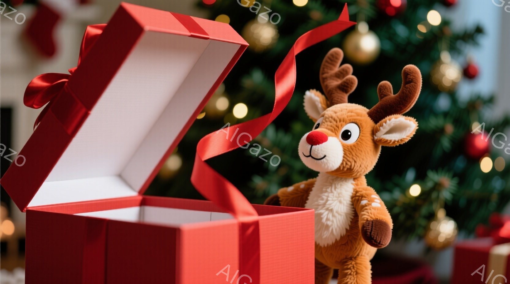 赤いギフトボックスから可愛らしいトナカイのぬいぐるみが出てきています。トナカイは明るい茶色で白い胸毛を持ち、つぶらな瞳と赤い鼻が特徴的です。背景にはクリスマスツリーがぼやけて見え、温かくお祝いムードに満ちた雰囲気です。